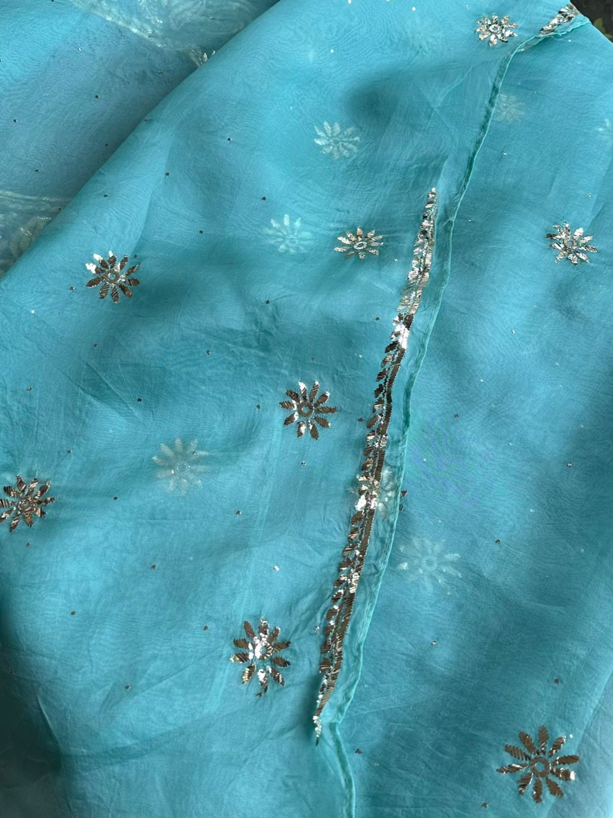 Aqua Mint Noor Organza Silk Mukaish Badla Unstitched Kurta Dupatta Set