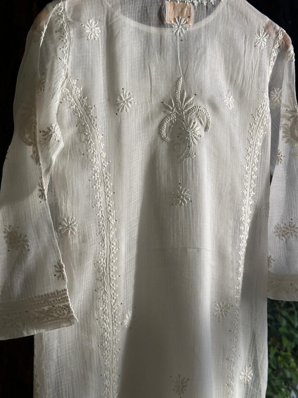 White Floral Kota Chikankari Ready To Wear Straight Kurta With Slip