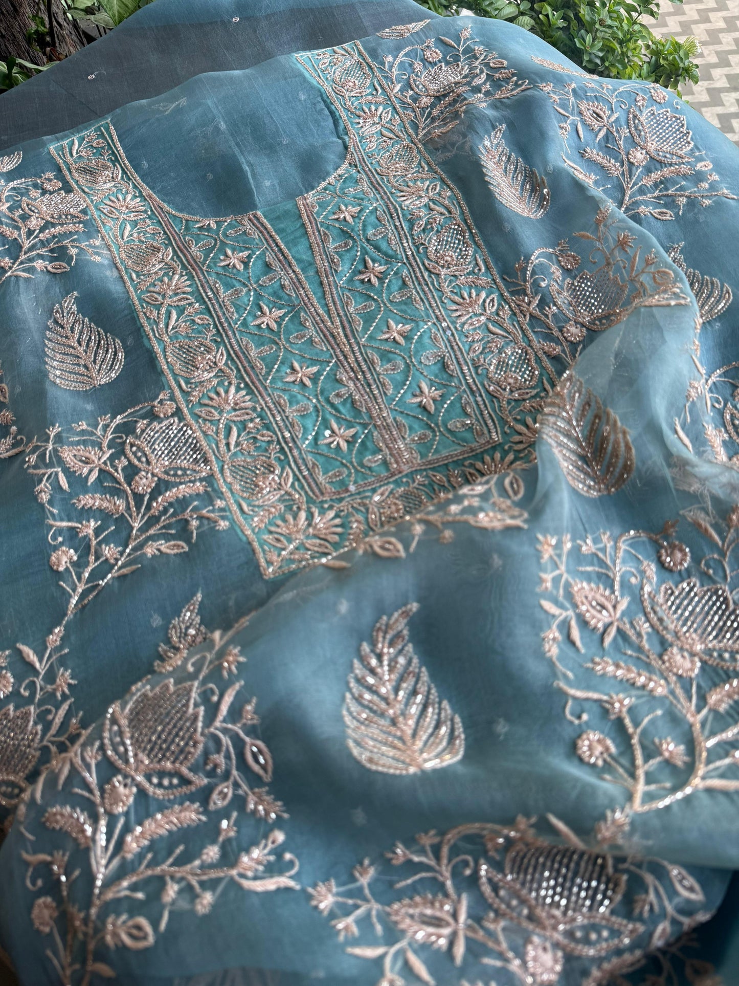 Pastel Shade Noor Organza Silk Chikankari Unstitched Kurta Dupatta Set