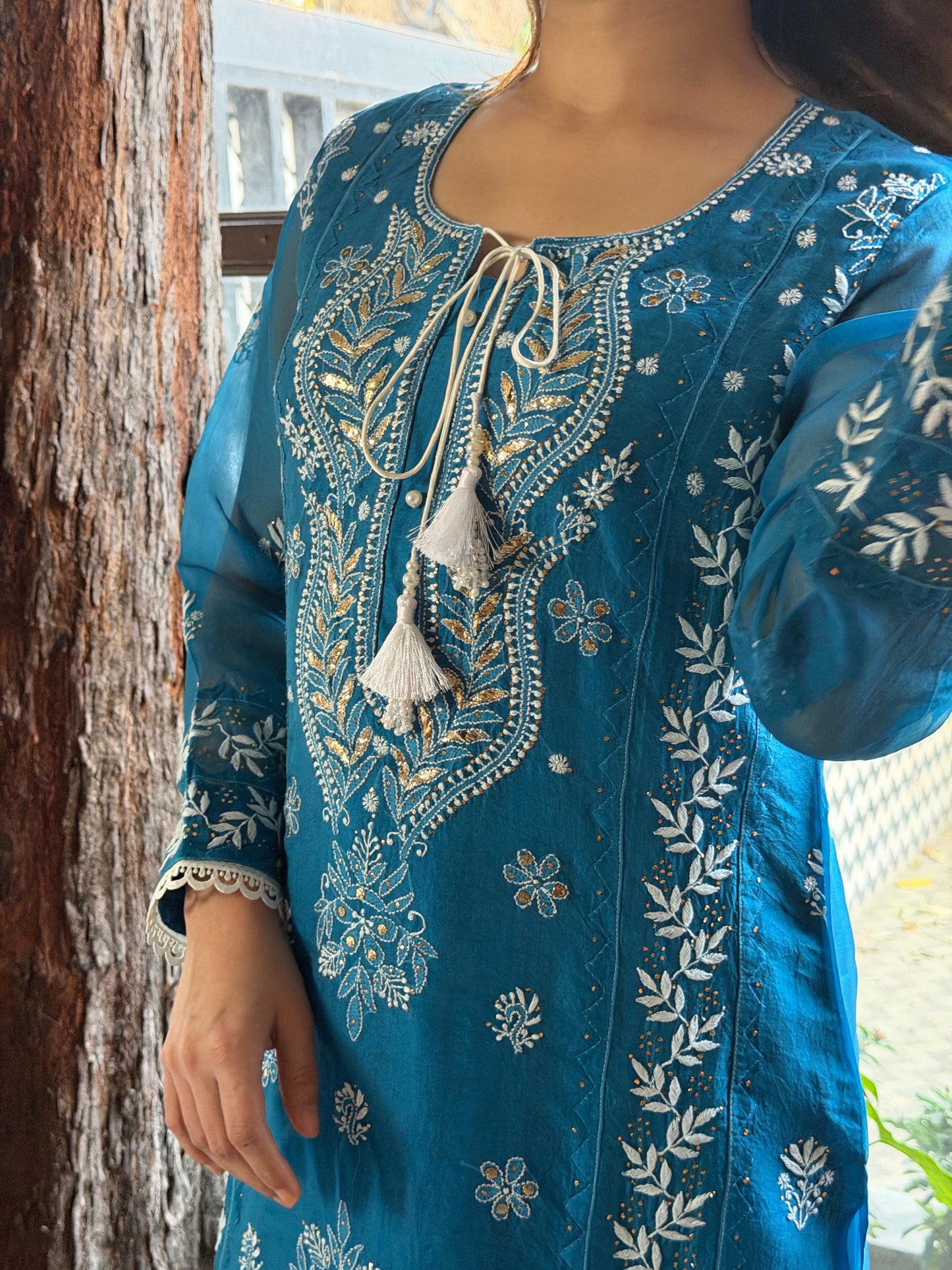 Azure Blue Shade Noor Organza Chikankari Applique Kurta Set