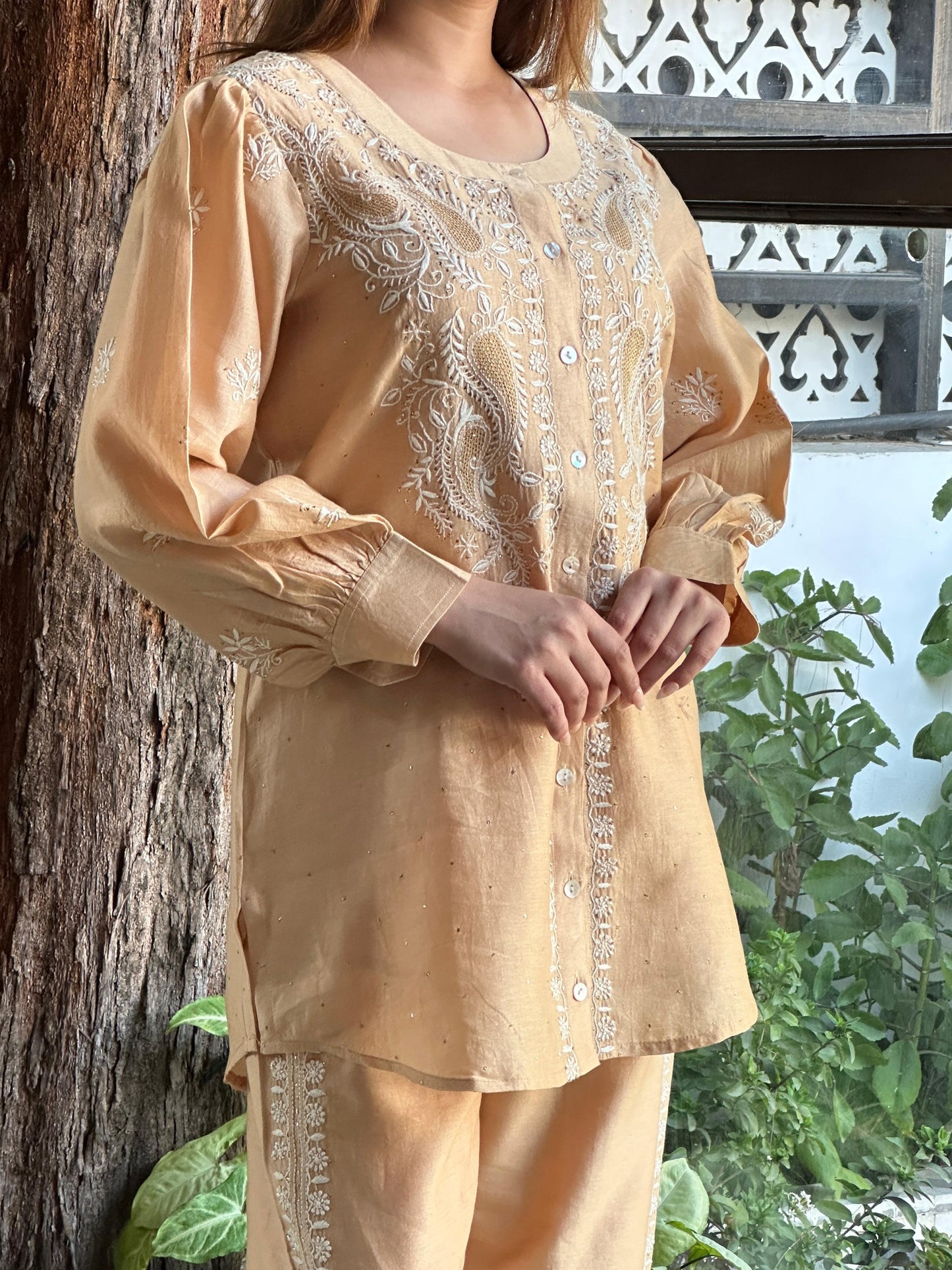 Beige Chanderi Chikankari Co-Ord Set