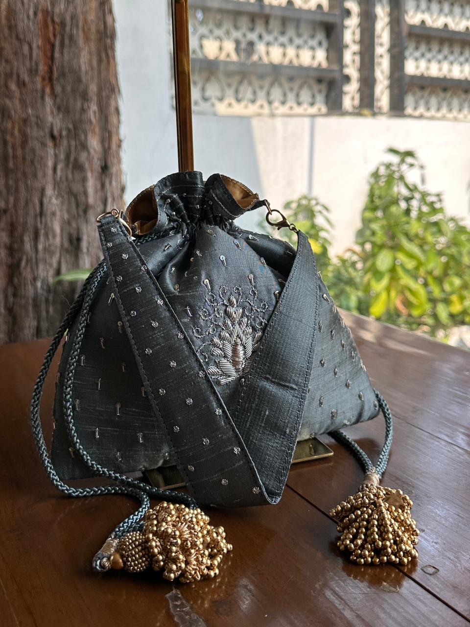 Grey Raw Silk Zardosi Polti Bags