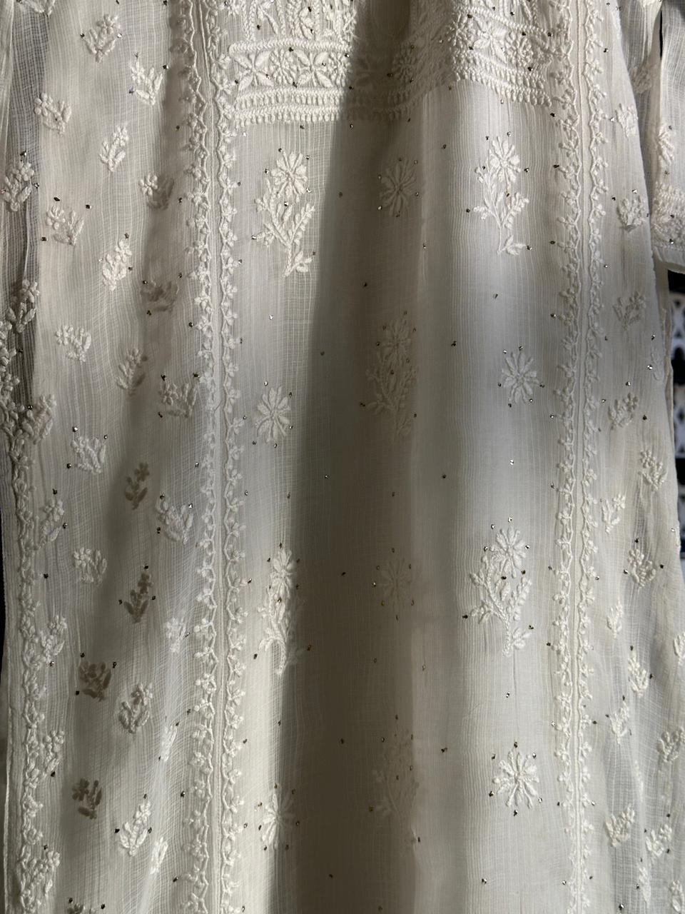 White Floral Kota Chikankari Ready To Wear Straight Kurta With Slip