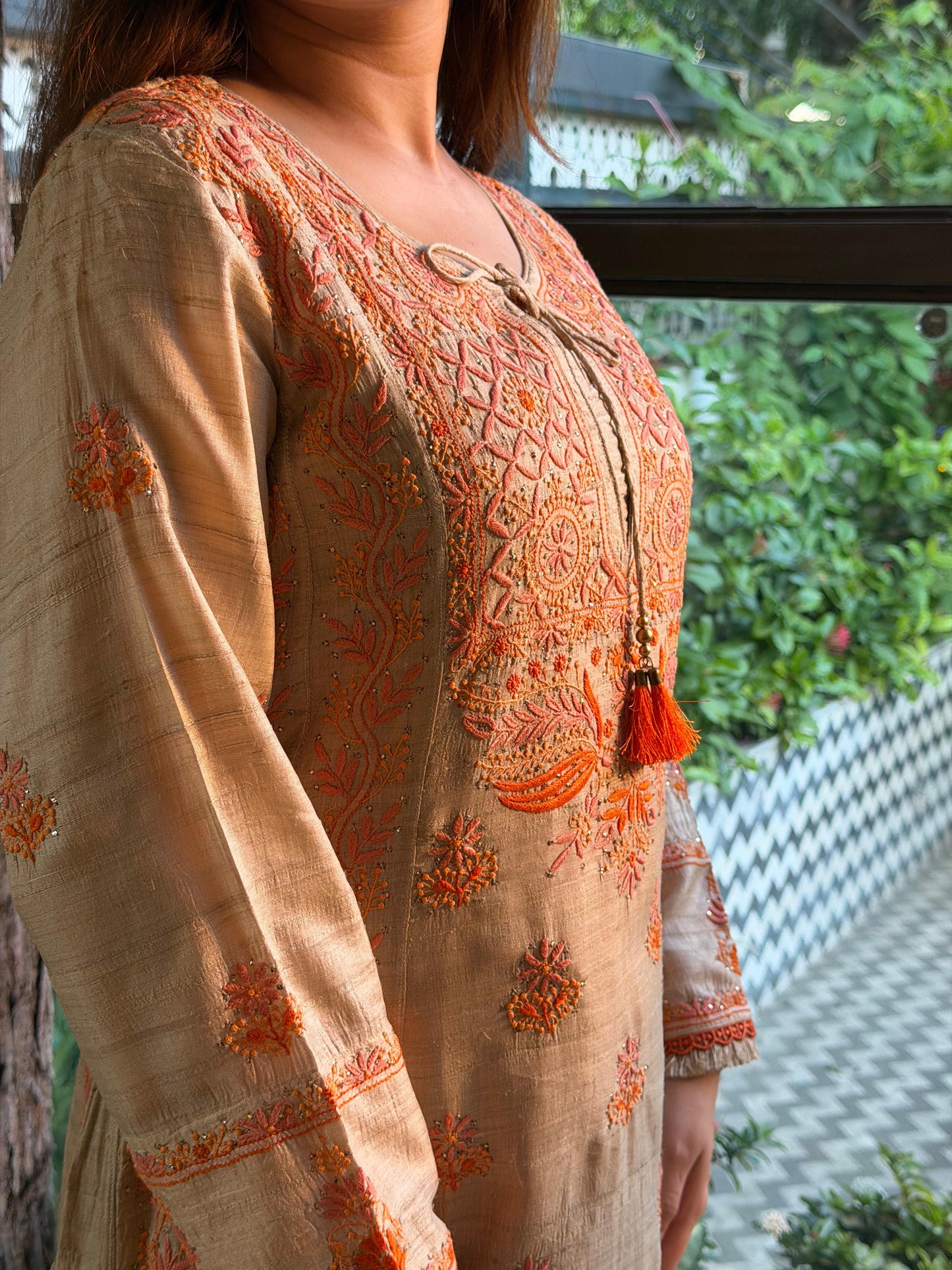 Basak Natural Tussar Silk Kalidar Chikankari Kurta Set