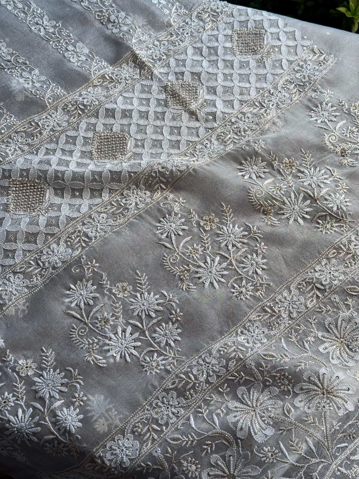 White Noor Organza Banarasi Silk Chikankari Unstitched Kurta Dupatta Set