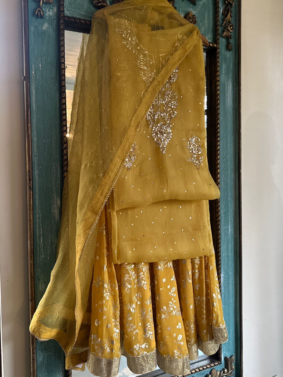 Mustard Yellow Foil Print Organza Chikankari Sharara Set