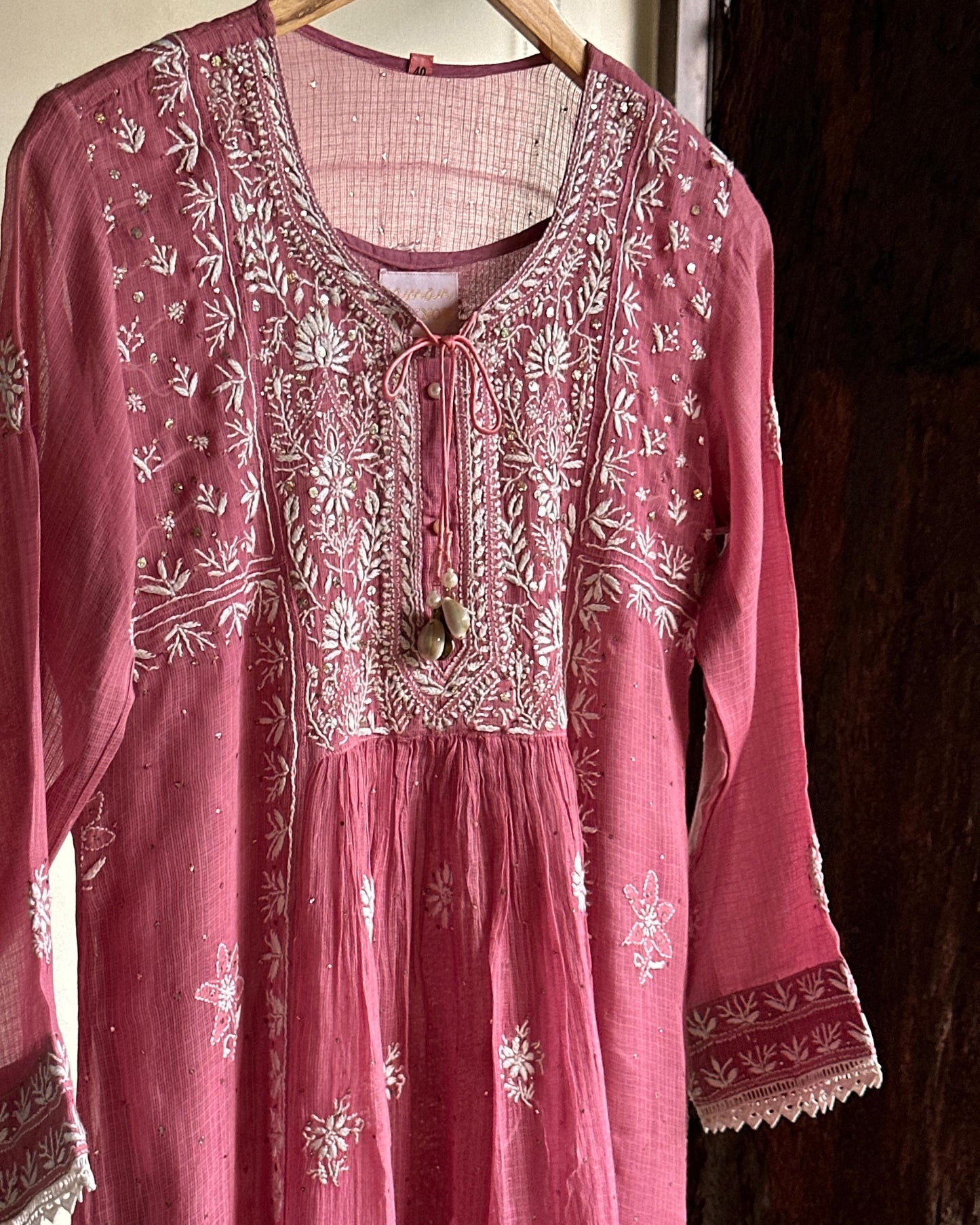 Onion Pink Kota Chikankari with Mukaish Kamdani Tunics
