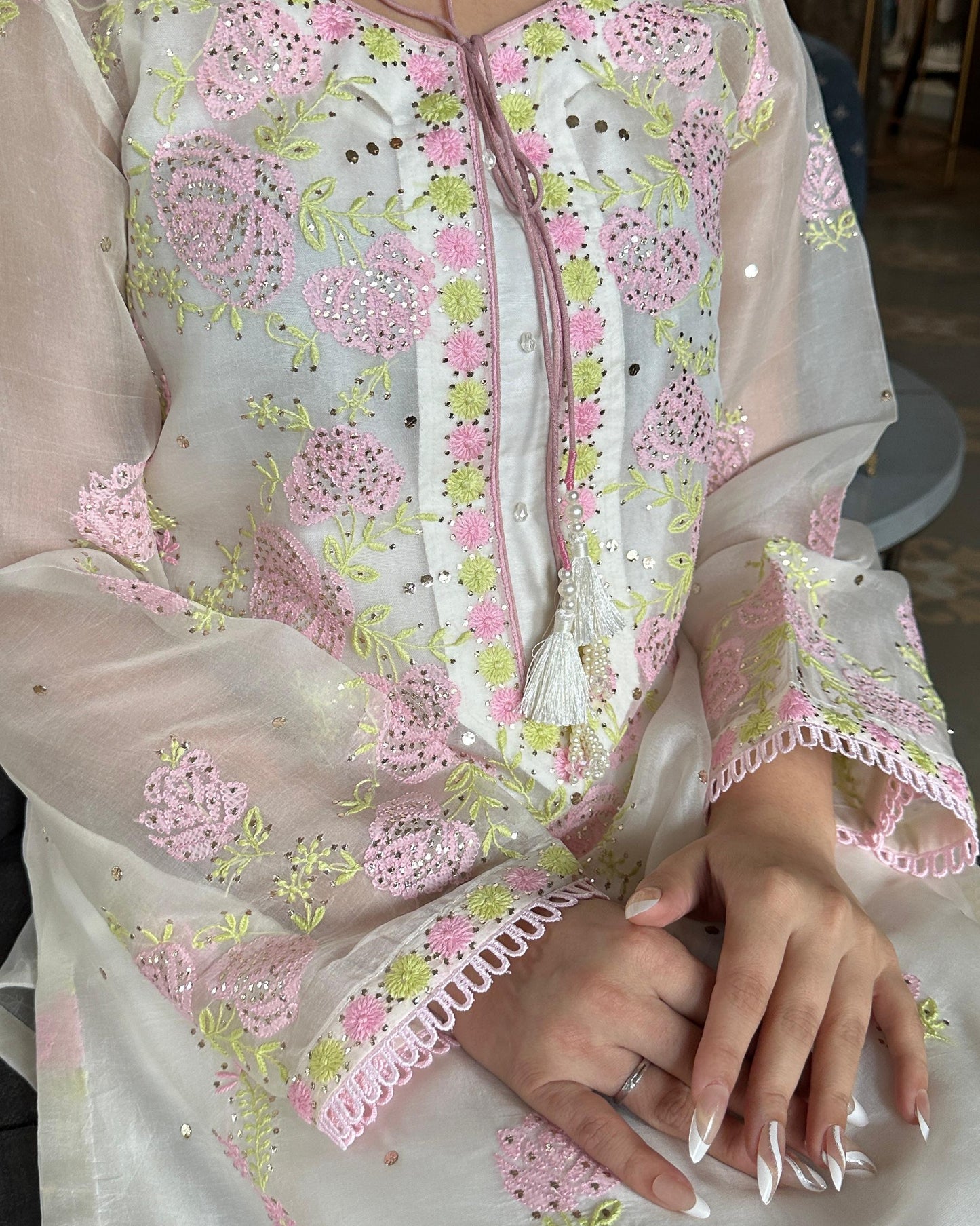 White Mukaish Kamdani Noor Organza Chikankari Kurta Set