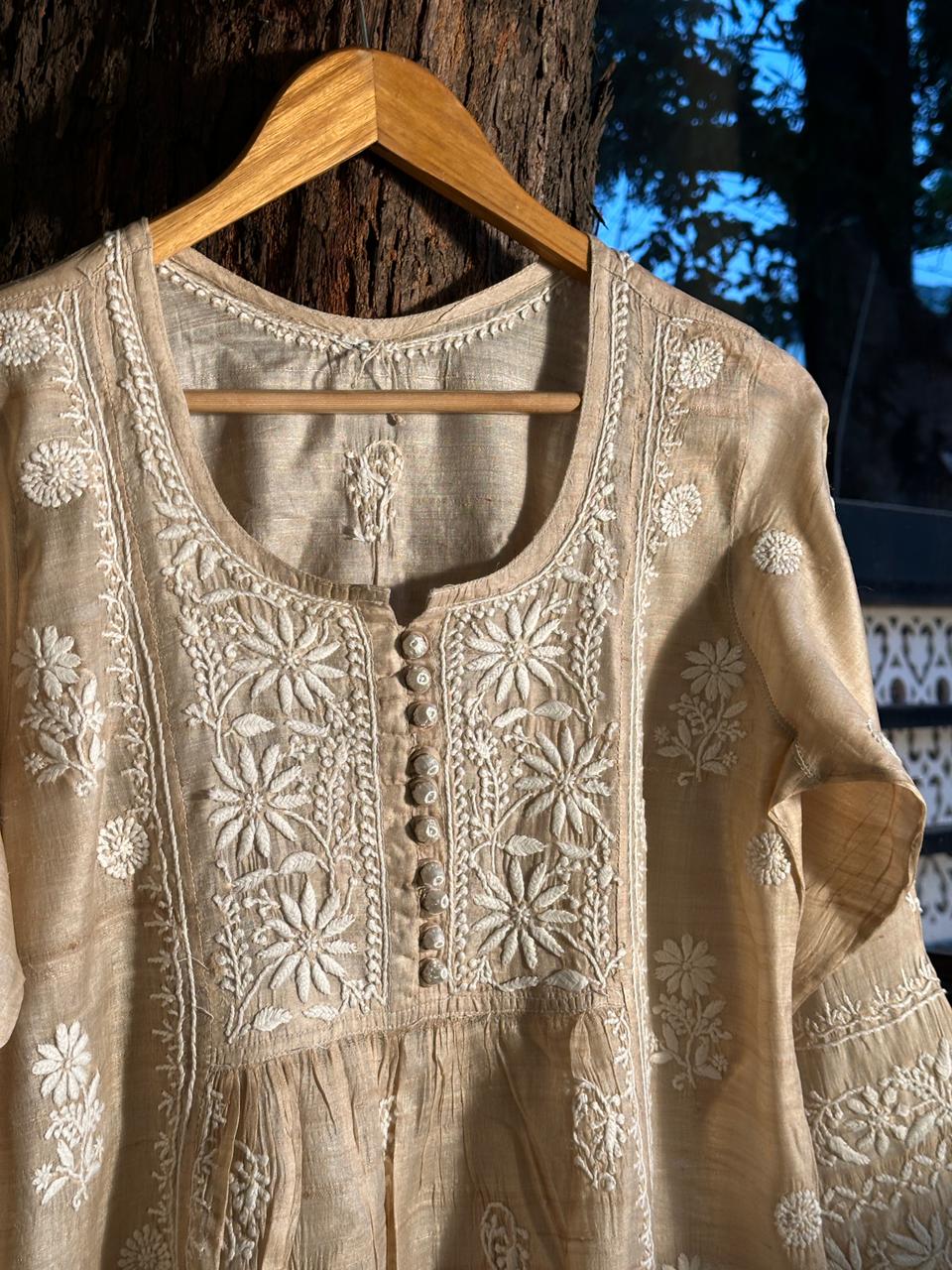 Natural Tussar Silk Chikankari Ready to Wear A Line Kurta