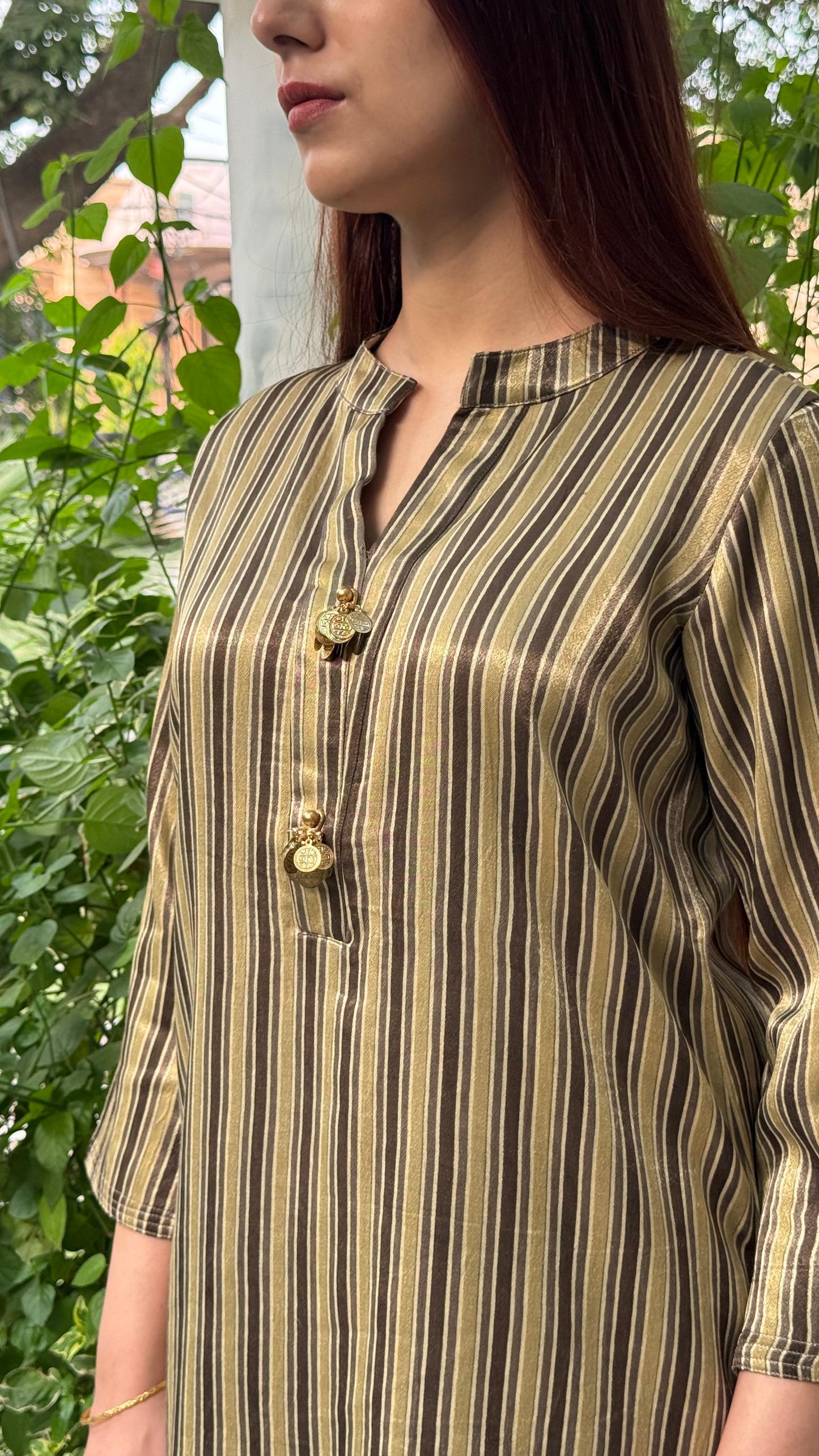 Ajrak Tan Brown Shade Mashru Silk, Short Kurta