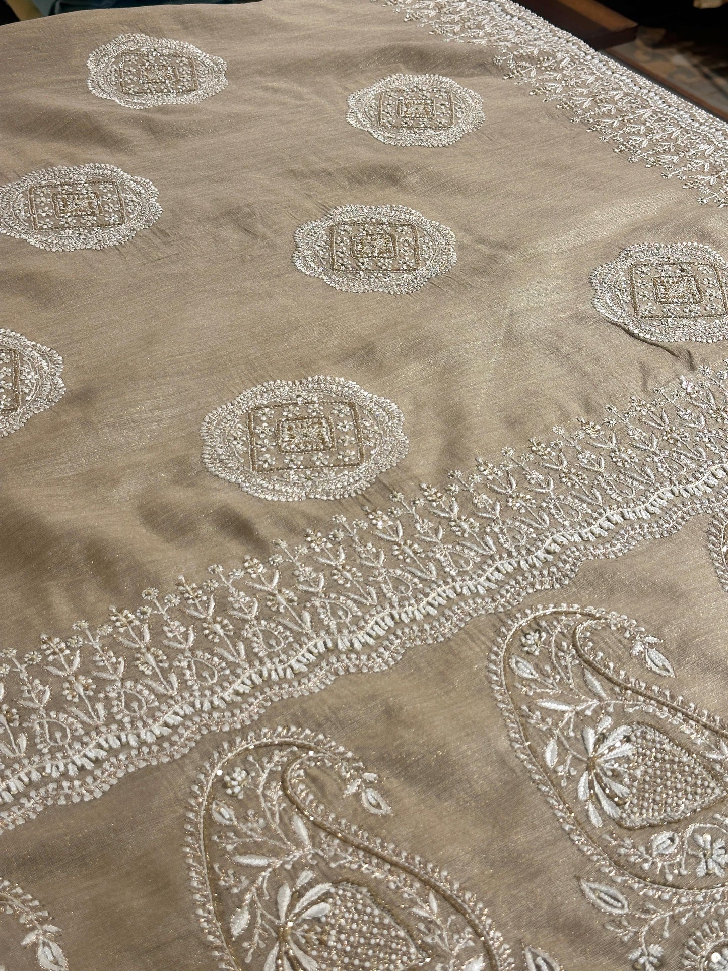 Natural Shade Fine Chikankari Ari Tissue Silk Dupatta