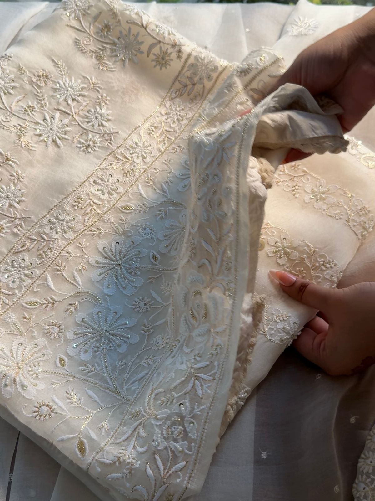 White Noor Organza Banarasi Silk Chikankari Unstitched Kurta Dupatta Set