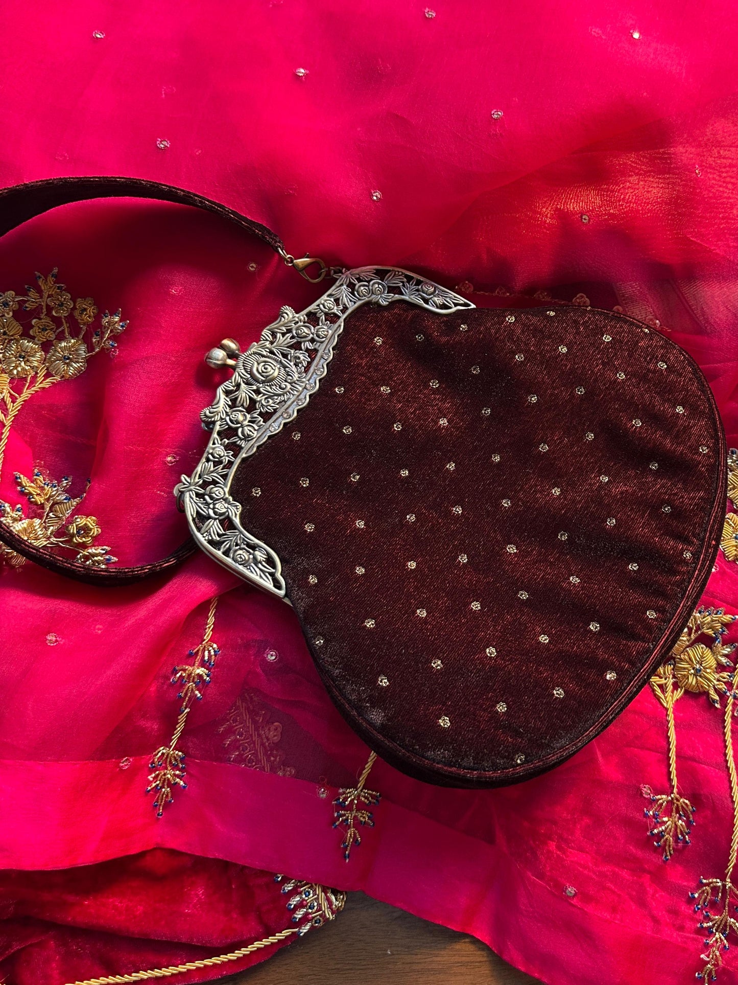 Tobacco Brown Shade Velvet Ari Mukaish Zardosi Sling Bag