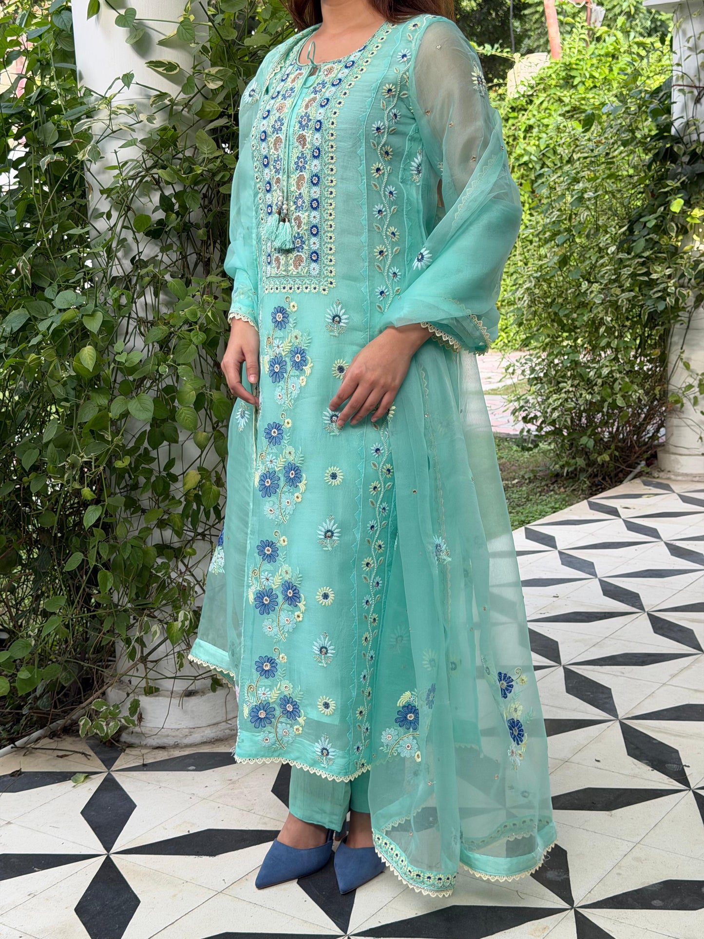 Blue Shade Noor Organza Silk Chikankari Straight Cut Kurta Dupatta Set