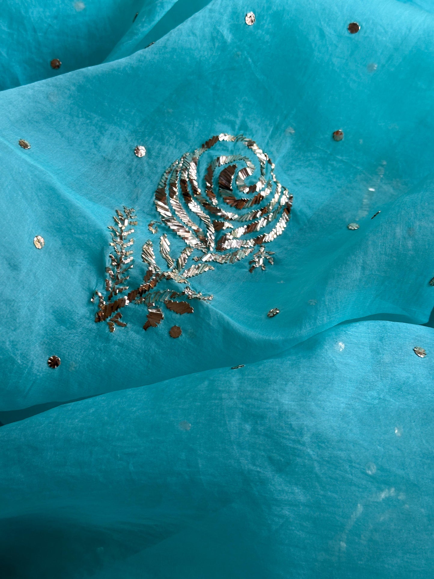 Aqua Blue Foil Print Organza Chikankari Sharara Set