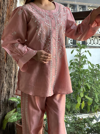 Lotus Pink Chanderi Chikankari Co-Ord Set