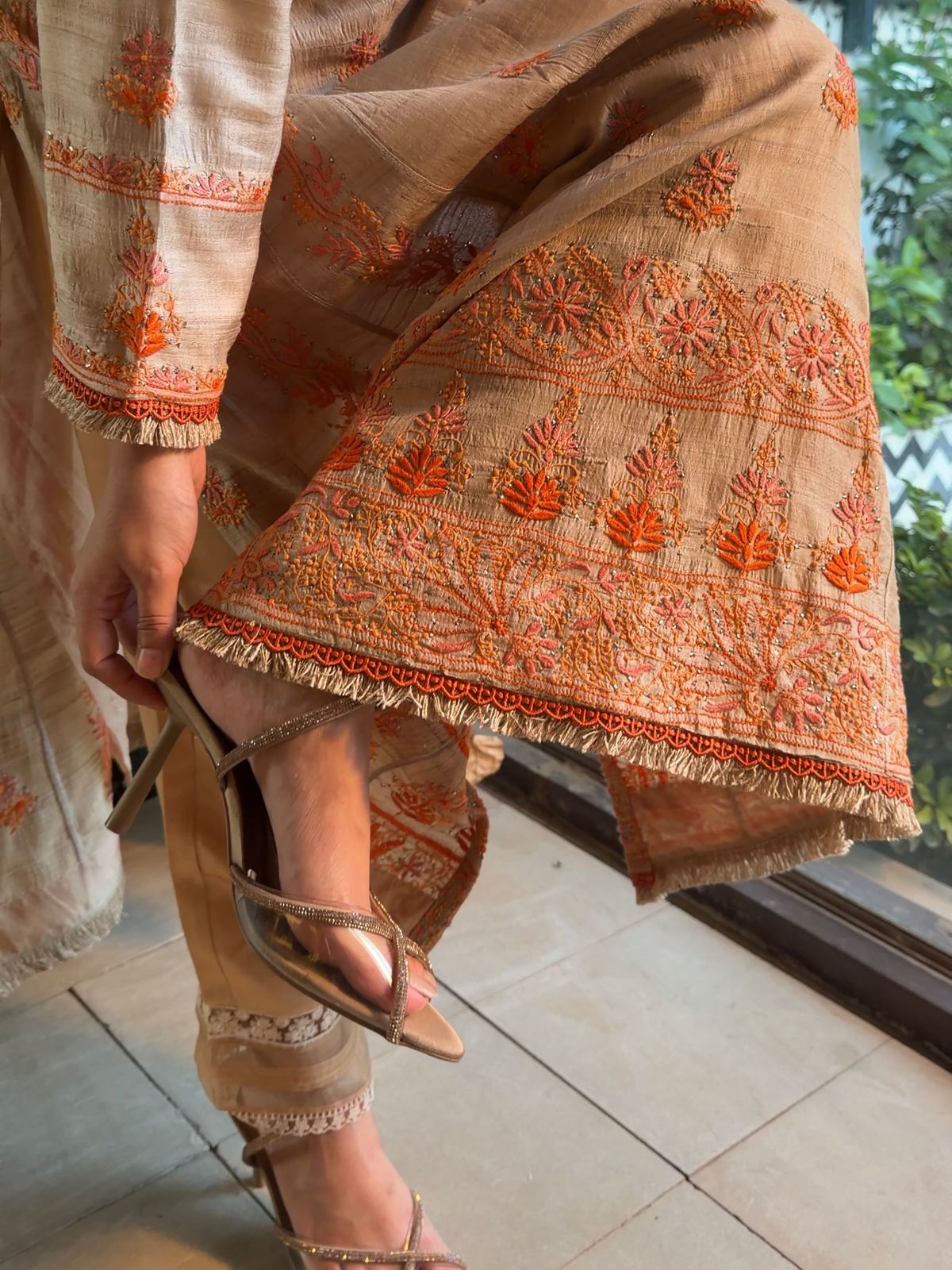 Basak Natural Tussar Silk Kalidar Chikankari Kurta Set