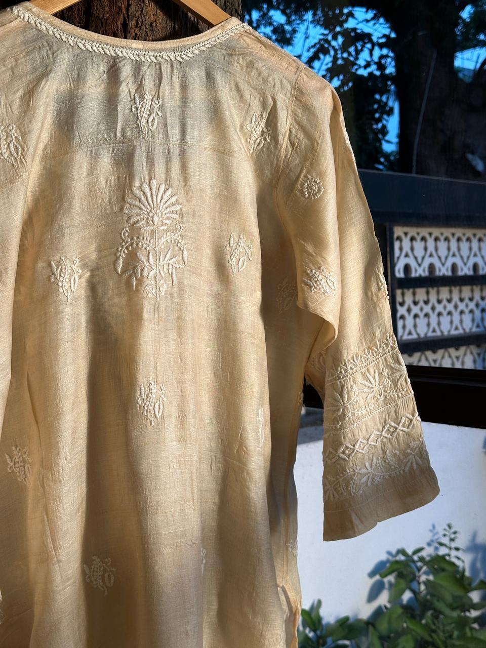 Natural Tussar Silk Chikankari Ready to Wear A Line Kurta