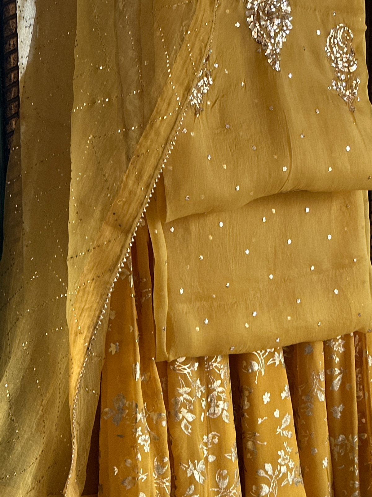Mustard Yellow Foil Print Organza Chikankari Sharara Set