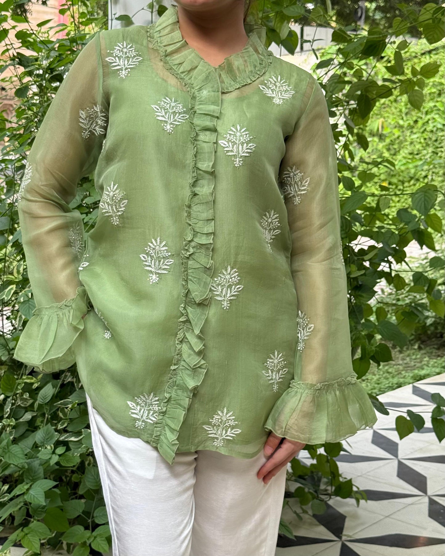 Pista Green Noor Organza Frill Lace With Resham Chikankari Short Top