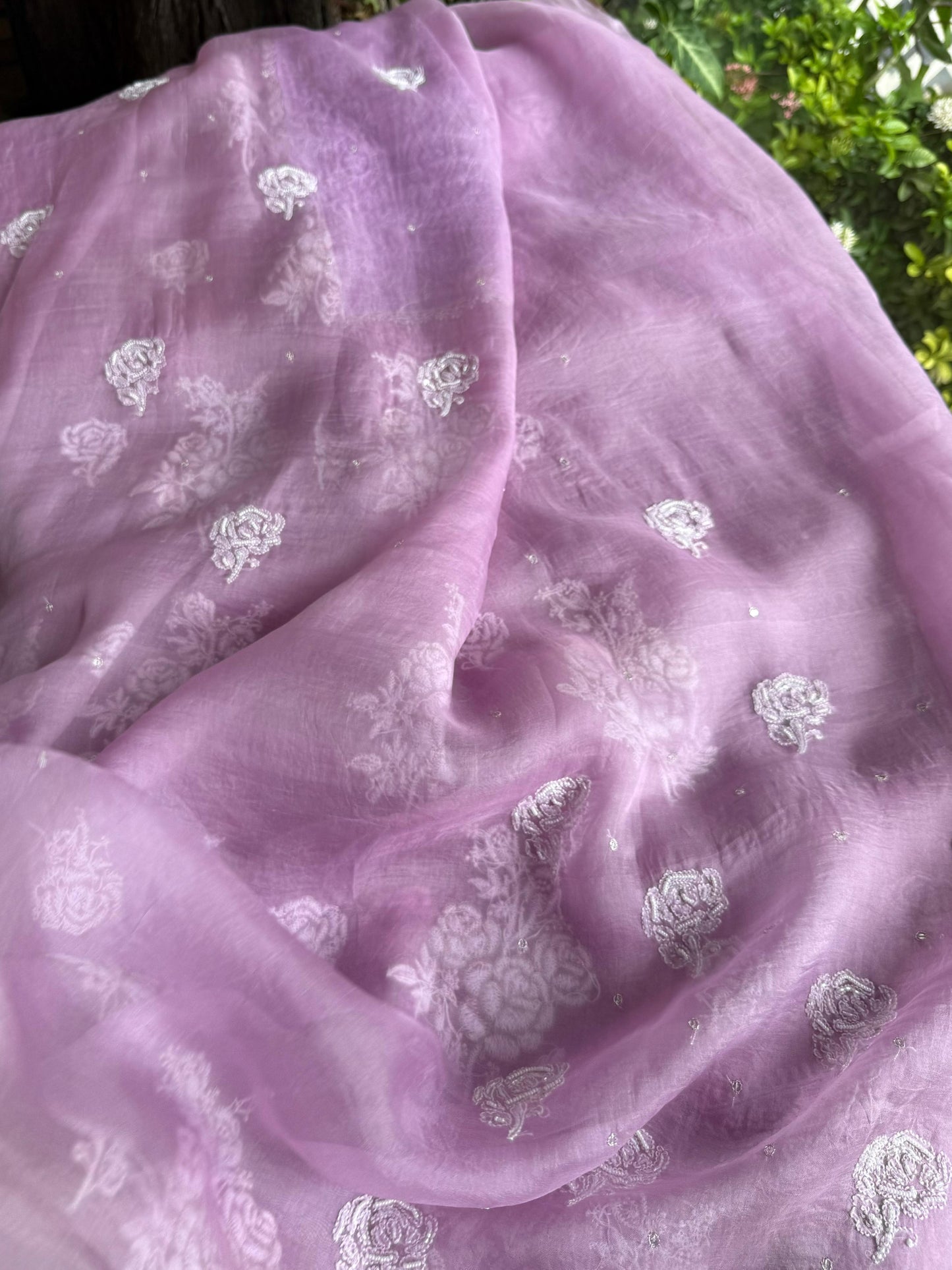 Lavender Pink Noor Organza Silk Chikankari Unstitched Kurta Dupatta Set