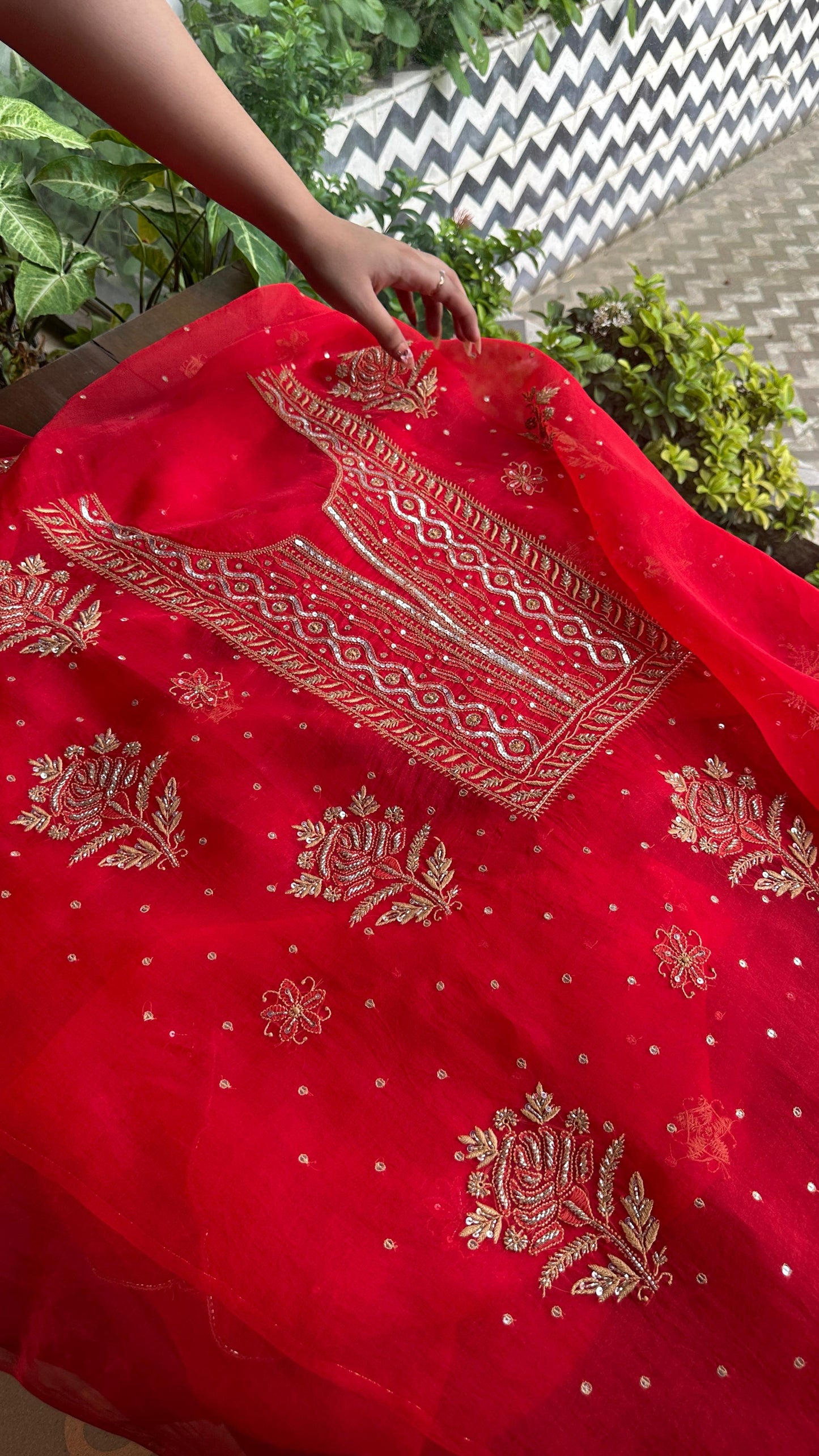 Red Noor Organza Silk Chikankari Unstitched Kurta Dupatta Set