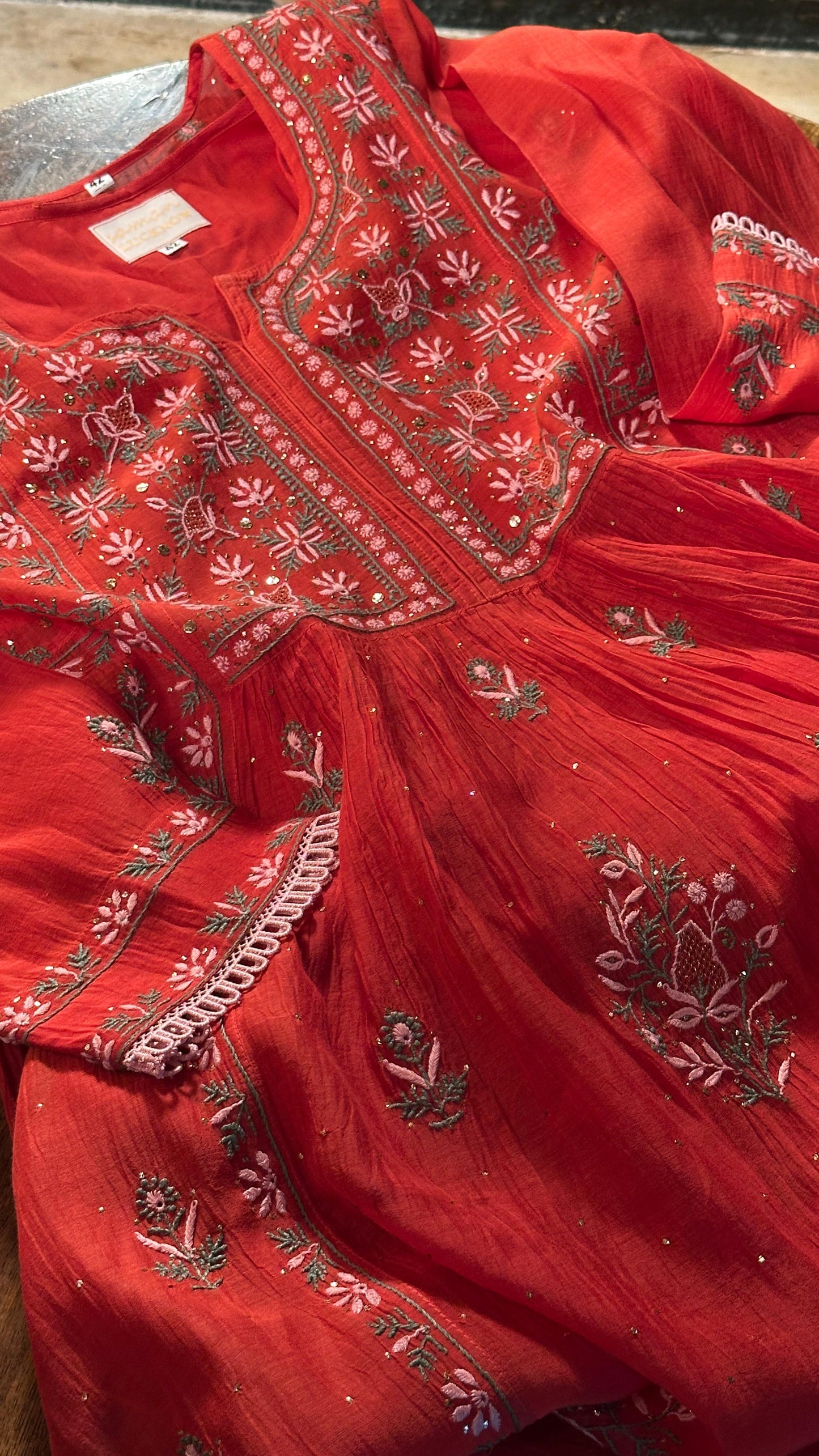 Saman Tomato Red | Malmal Mukaish Kamdani Chikankari Stitched Kurta Dupatta Set