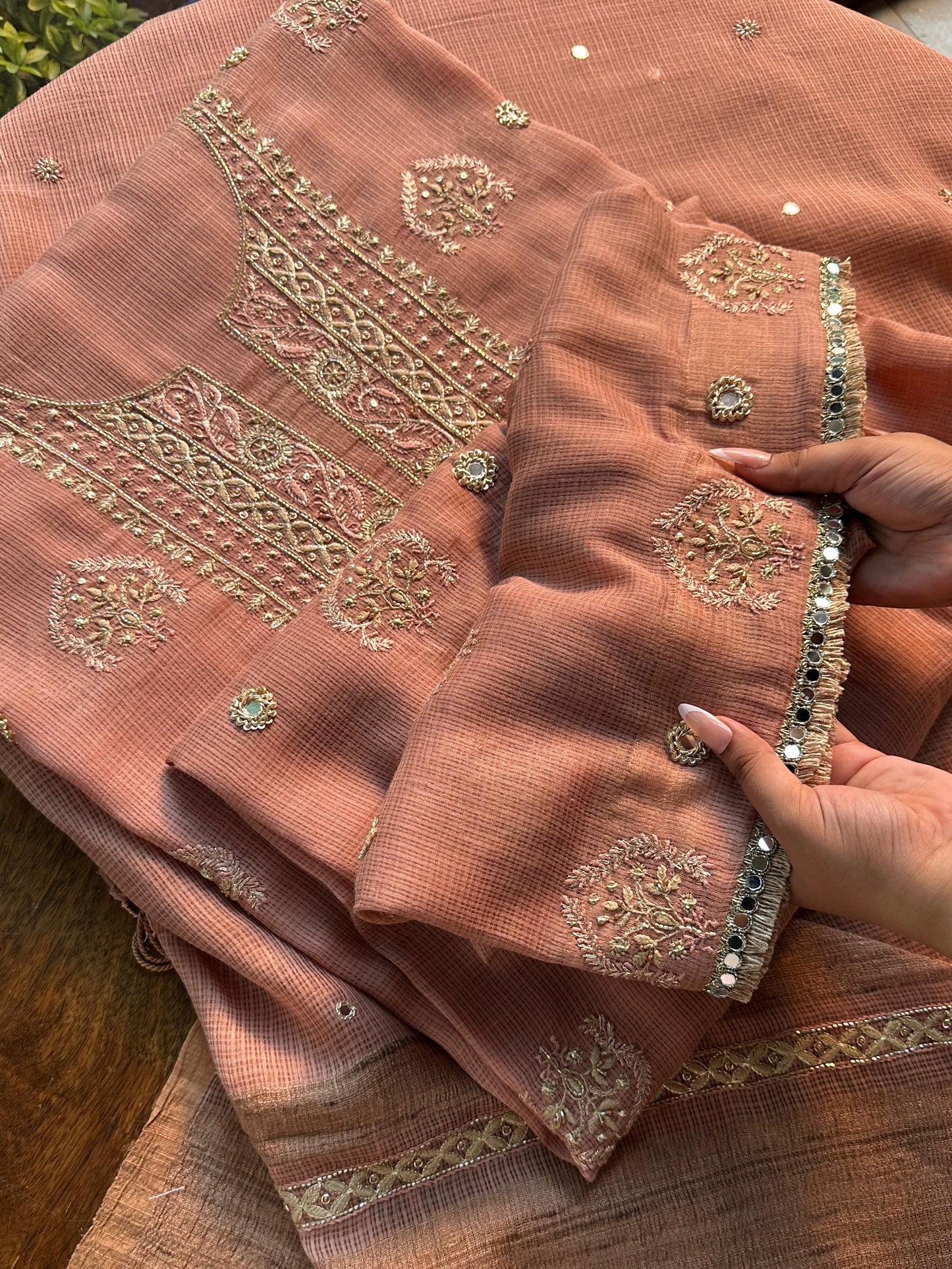 Old Rose Handloom Kota Chikankari With Mirror Work Unstitched Kurta Dupatta Set