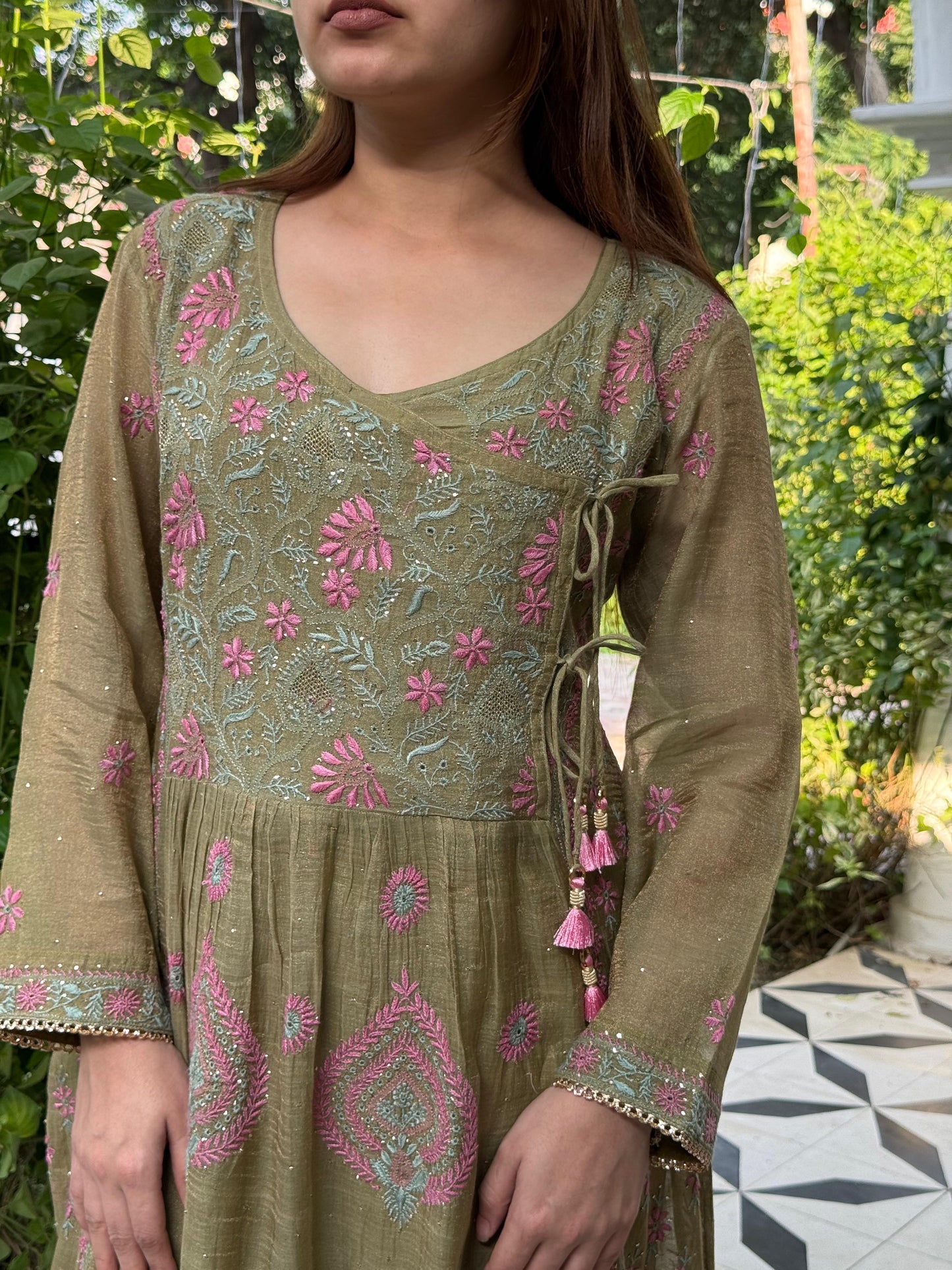 Mehndi Green Tissue Silk Chikankari Angarkha