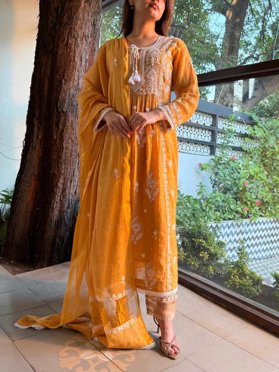 Tissue Silk Chikankari Angarkha With Ari & Beads Work