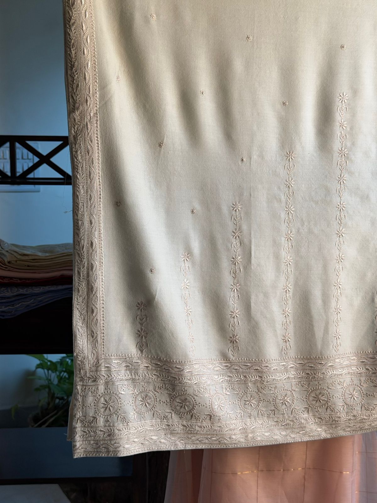 Natural Beige Shade Saman Pashmina Resham Thread Chikankari Shawl