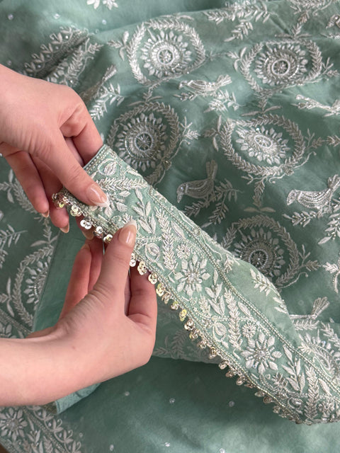 Mint Green Sparrow Motif Noor Organza Chikankari Saree With Blouse