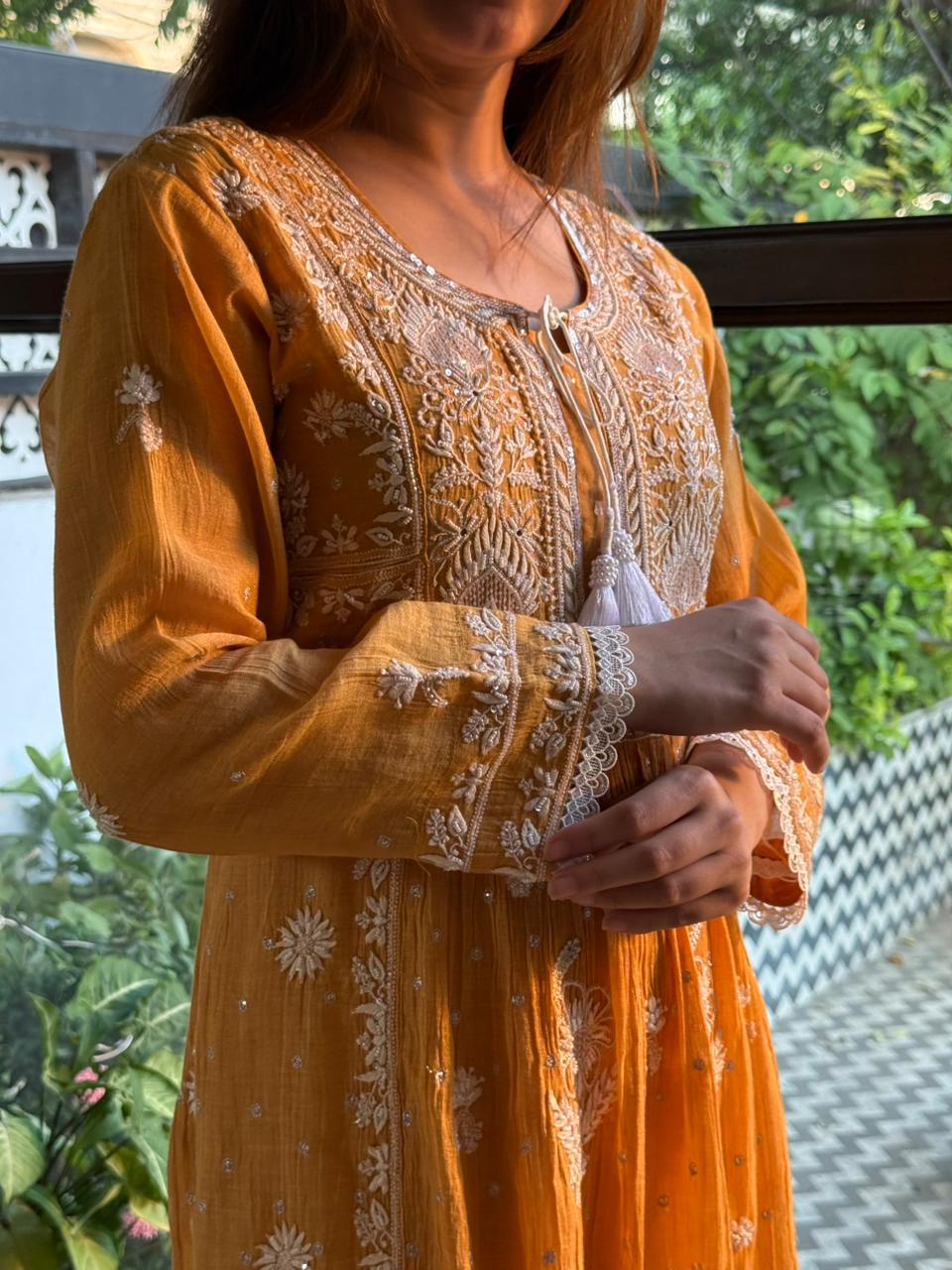 Tissue Silk Chikankari Angarkha With Ari & Beads Work