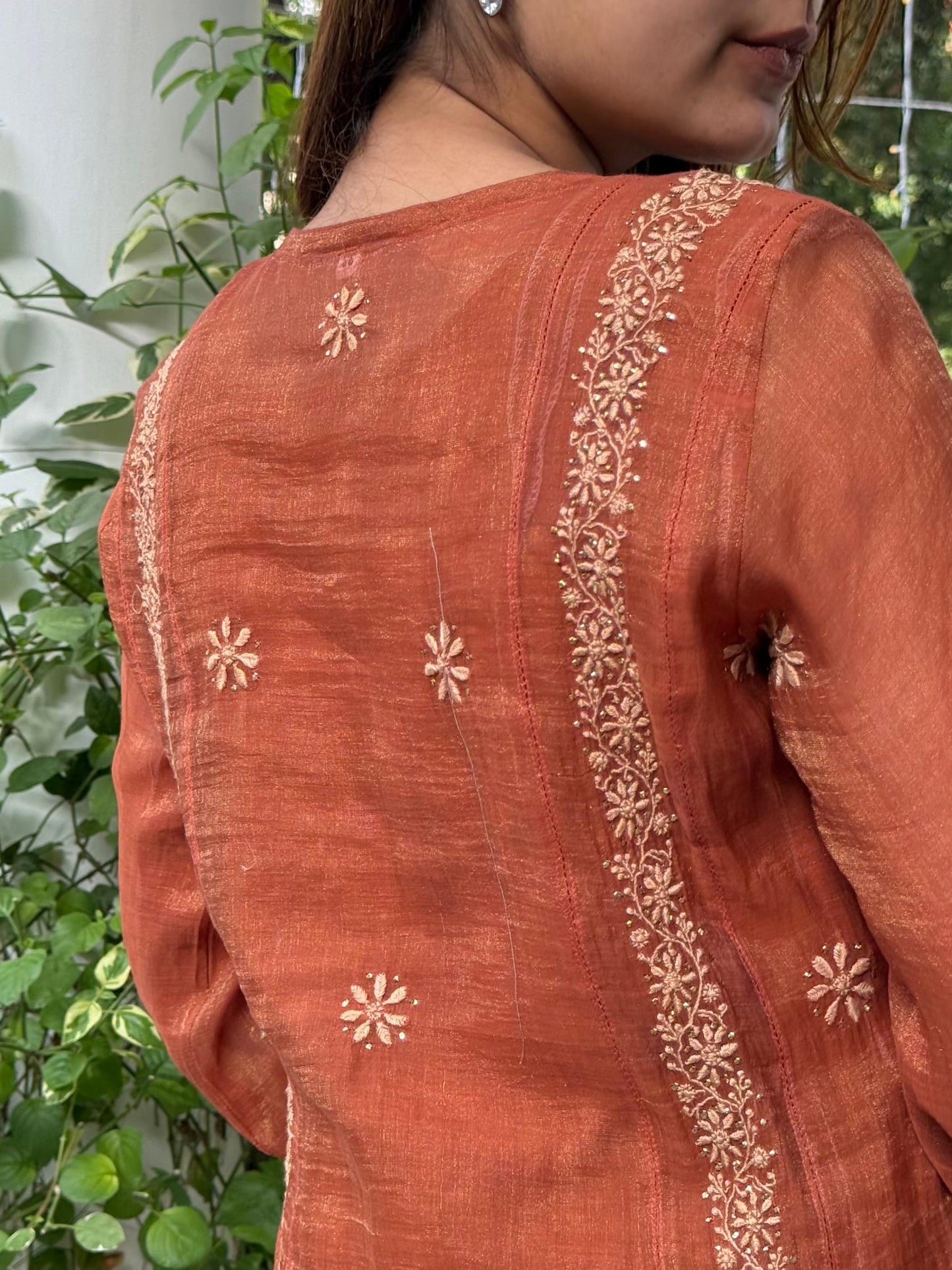 Rust Orange Tissue Silk Chikankari Straight Cut Kurta Dupatta Set