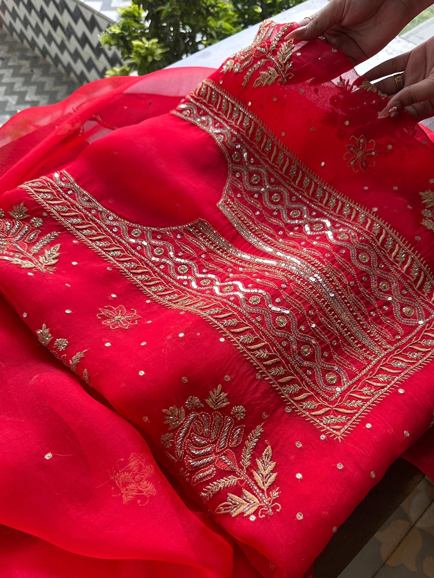 Red Noor Organza Silk Chikankari Unstitched Kurta Dupatta Set