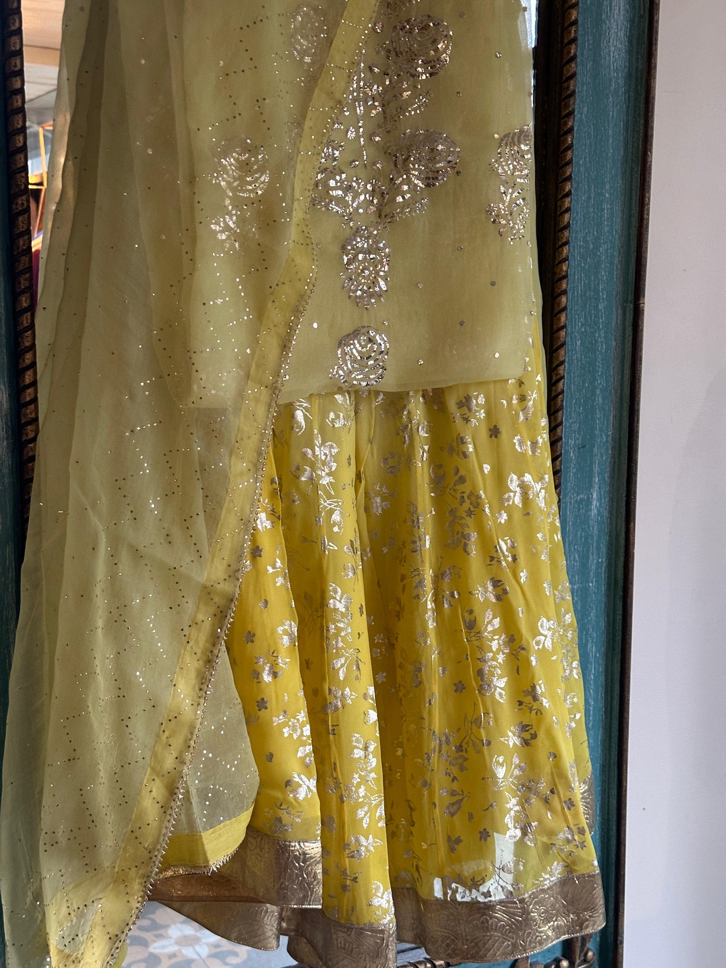 Light Yellow Foil Print Organza Chikankari Sharara Set