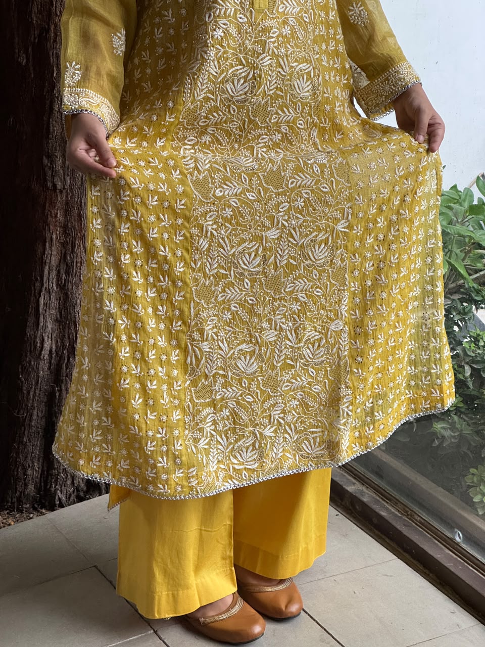 Yellow Tissue Silk Chikankari Straight Cut Kurta Dupatta Set