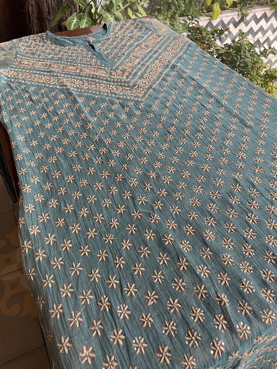 Grey Blue Shade | Tissue Silk Chikankari Work Kurta Set