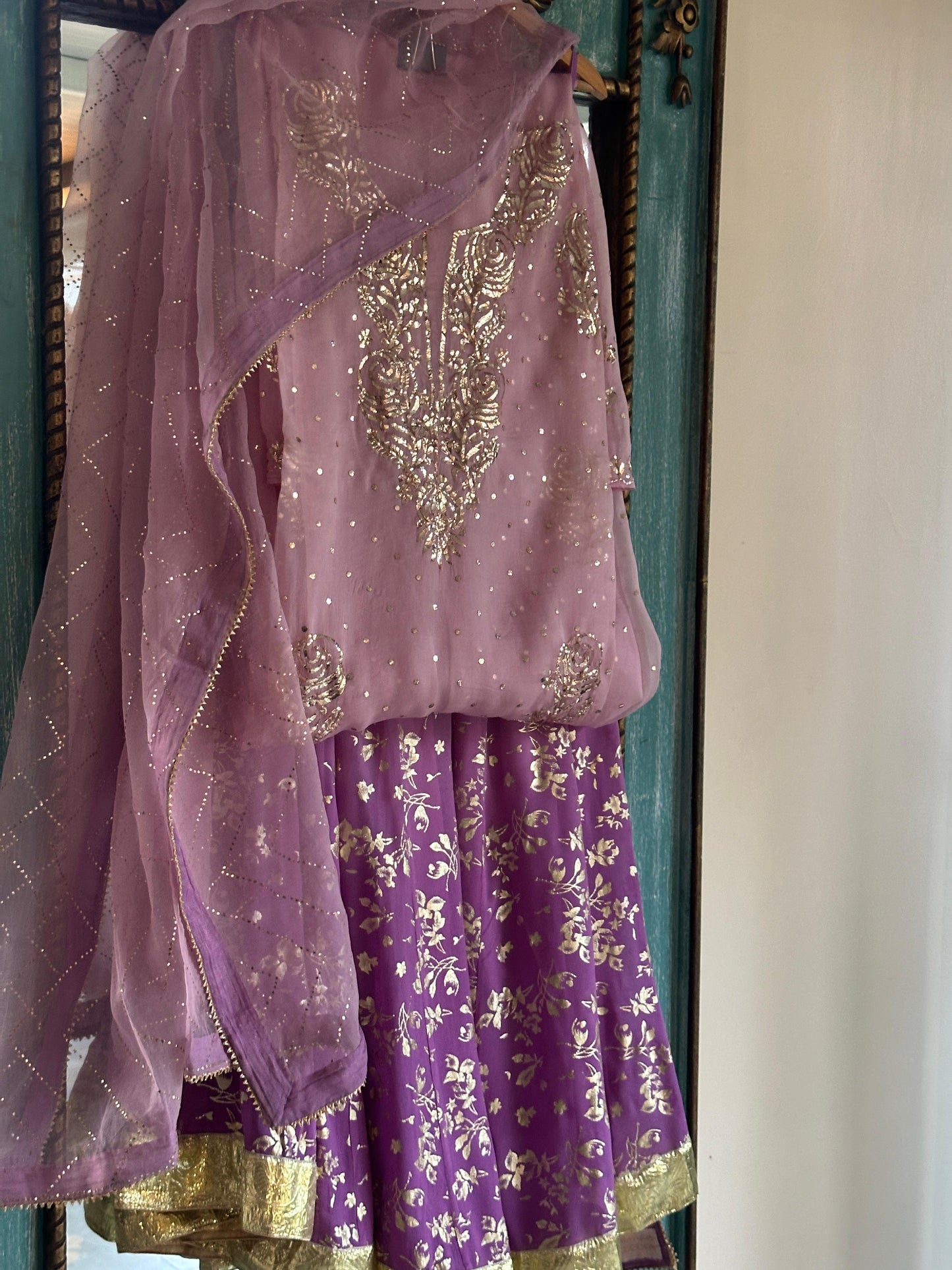 Lilac Purple Shade Foil Print Organza Chikankari Sharara Set