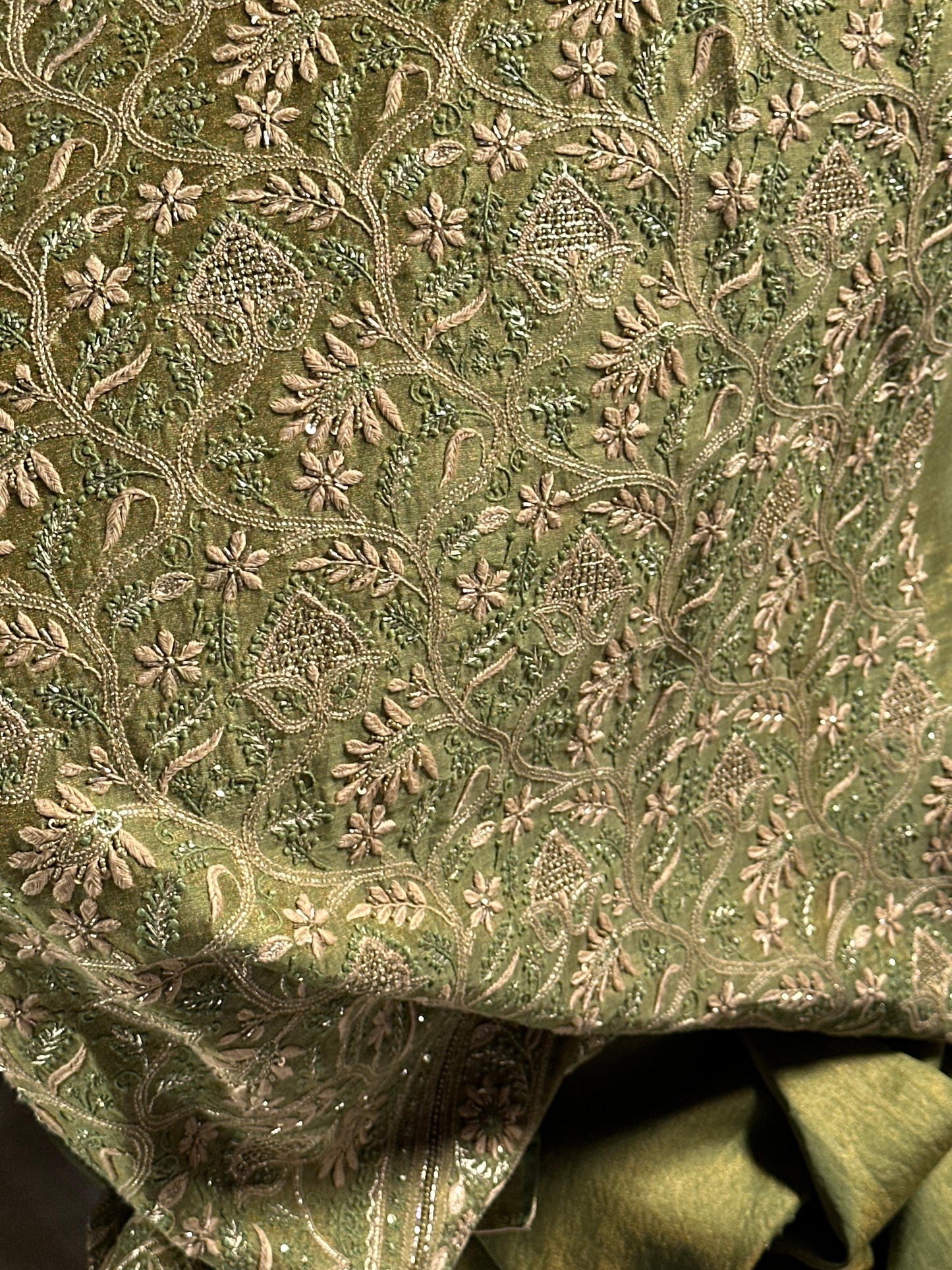 Green Tissue Silk Chikankari Unstitched Fabric