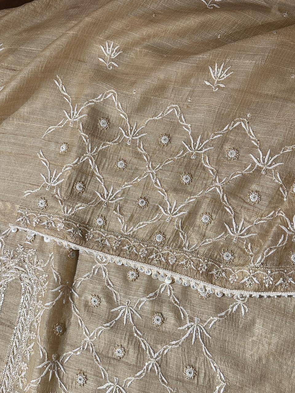 Beige Rasm Tussar Kota Chikankari Unstitched Chikankari Fabrics