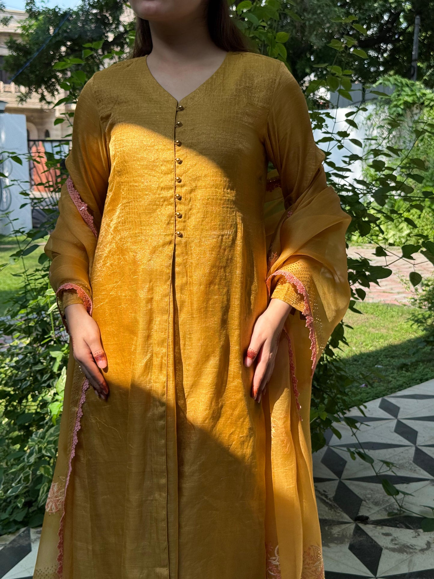 Mustard Yellow Tissue Silk Dagla Kurta Set