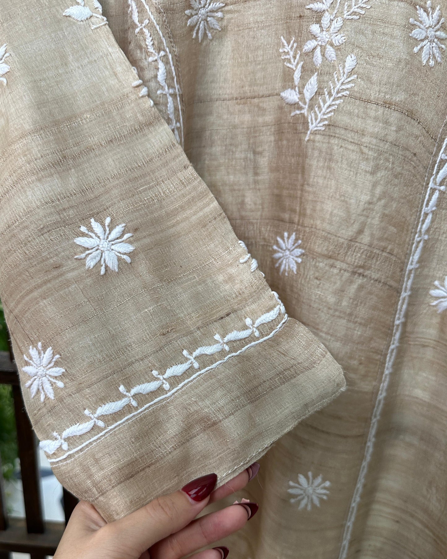 Natural Beige Tussar Silk Chikankari Ready to Wear Kurta
