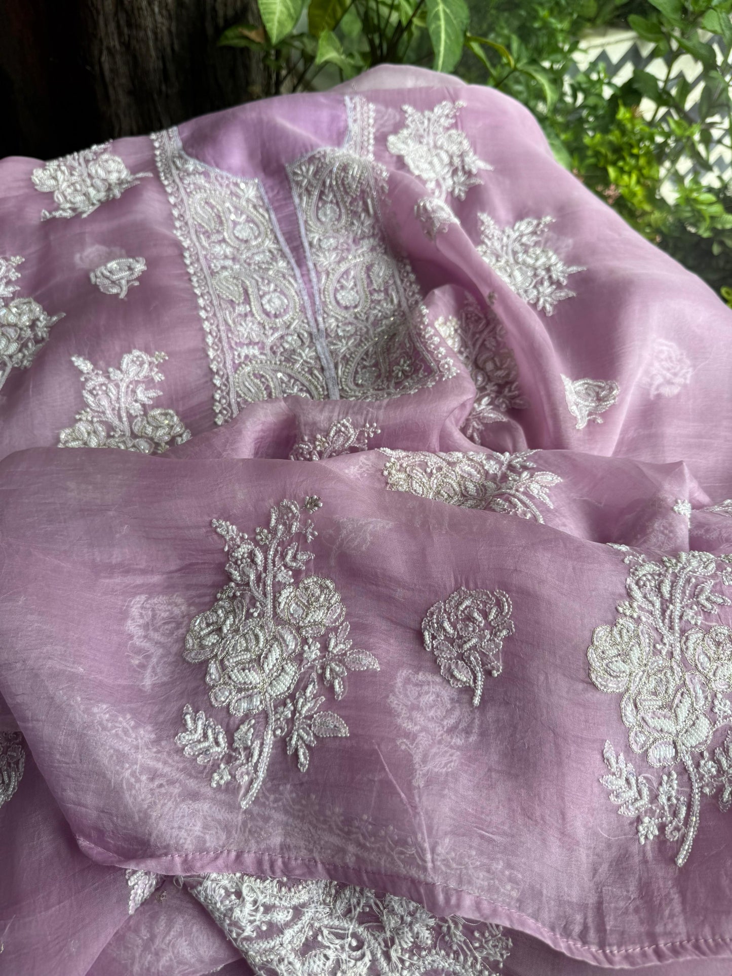 Lavender Pink Noor Organza Silk Chikankari Unstitched Kurta Dupatta Set