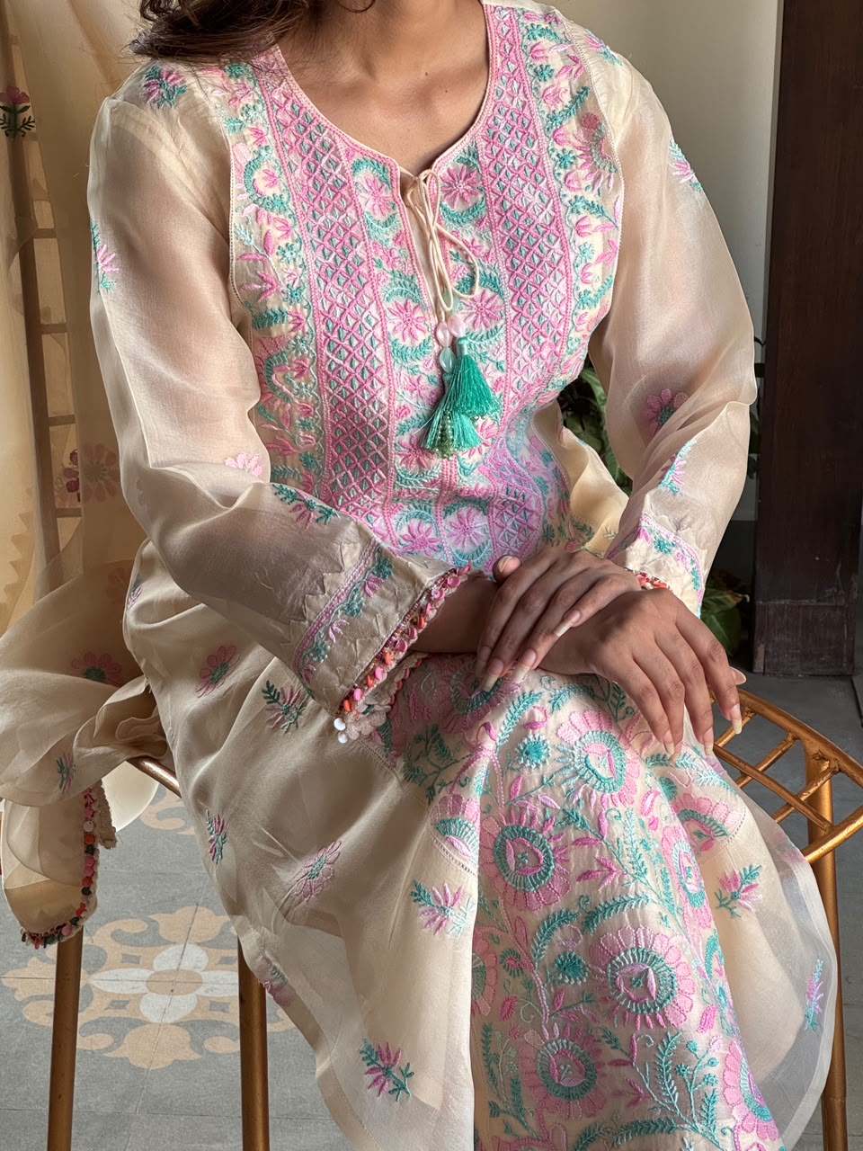 Noor Multi Coloured Chikankari Organza Kurta Set