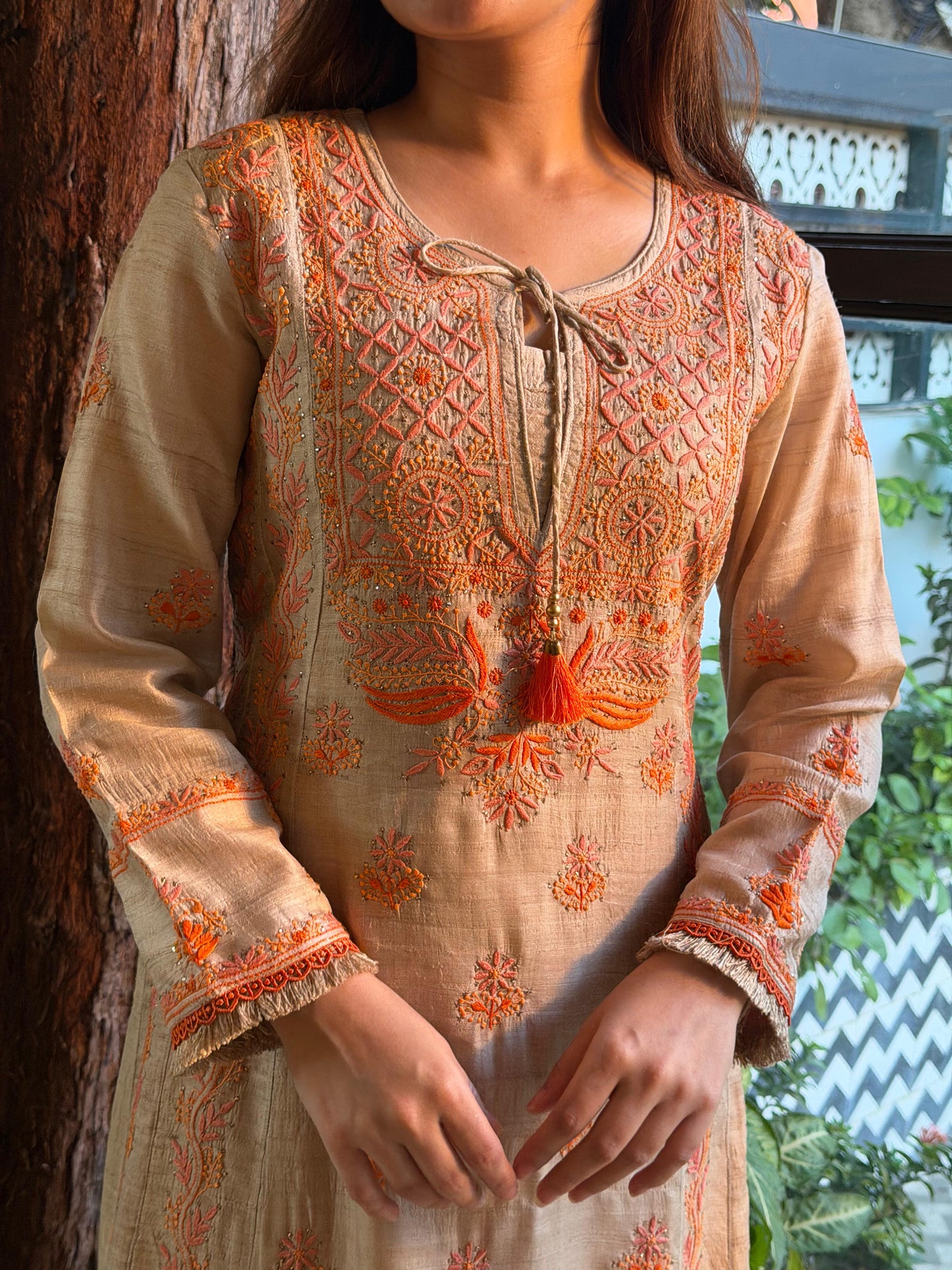 Basak Natural Tussar Silk Kalidar Chikankari Kurta Set