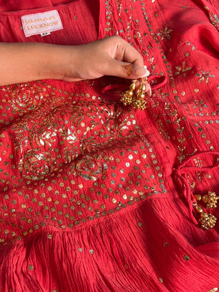 Red Mukaish Kamdani Mul Chanderi Angarkha