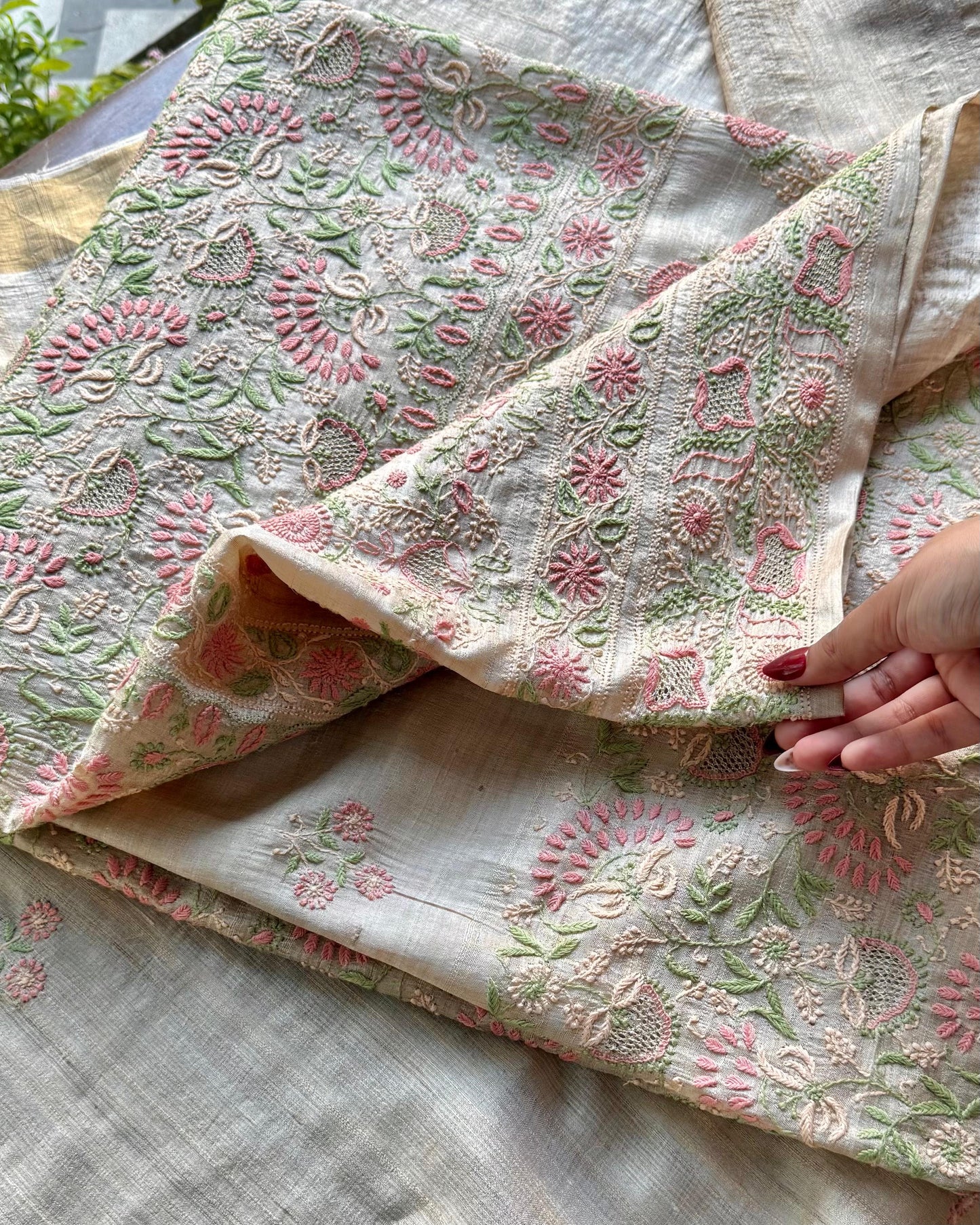 Natural Beige Tussar Silk Chikankari Fabric