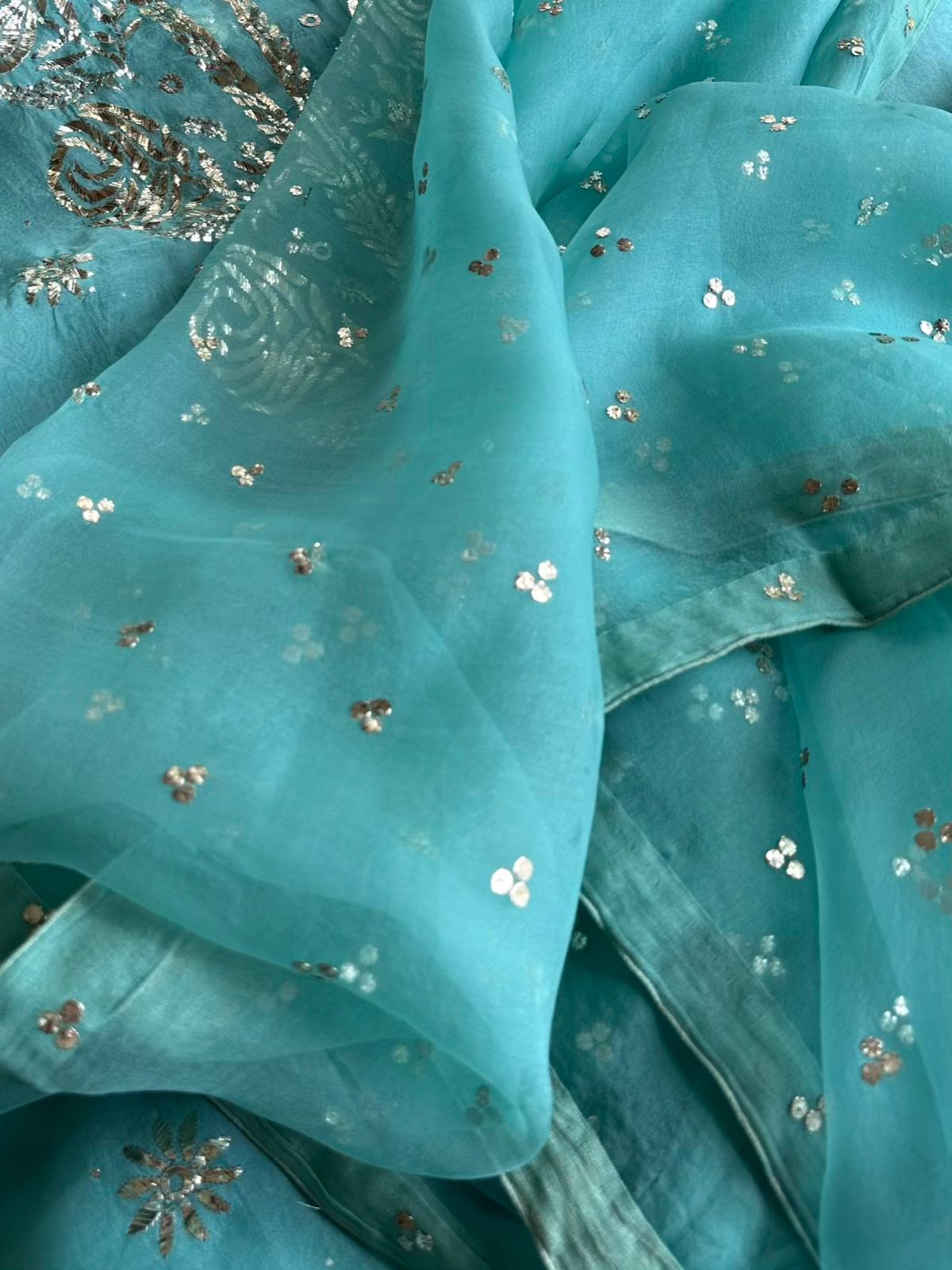 Aqua Mint Noor Organza Silk Mukaish Badla Unstitched Kurta Dupatta Set