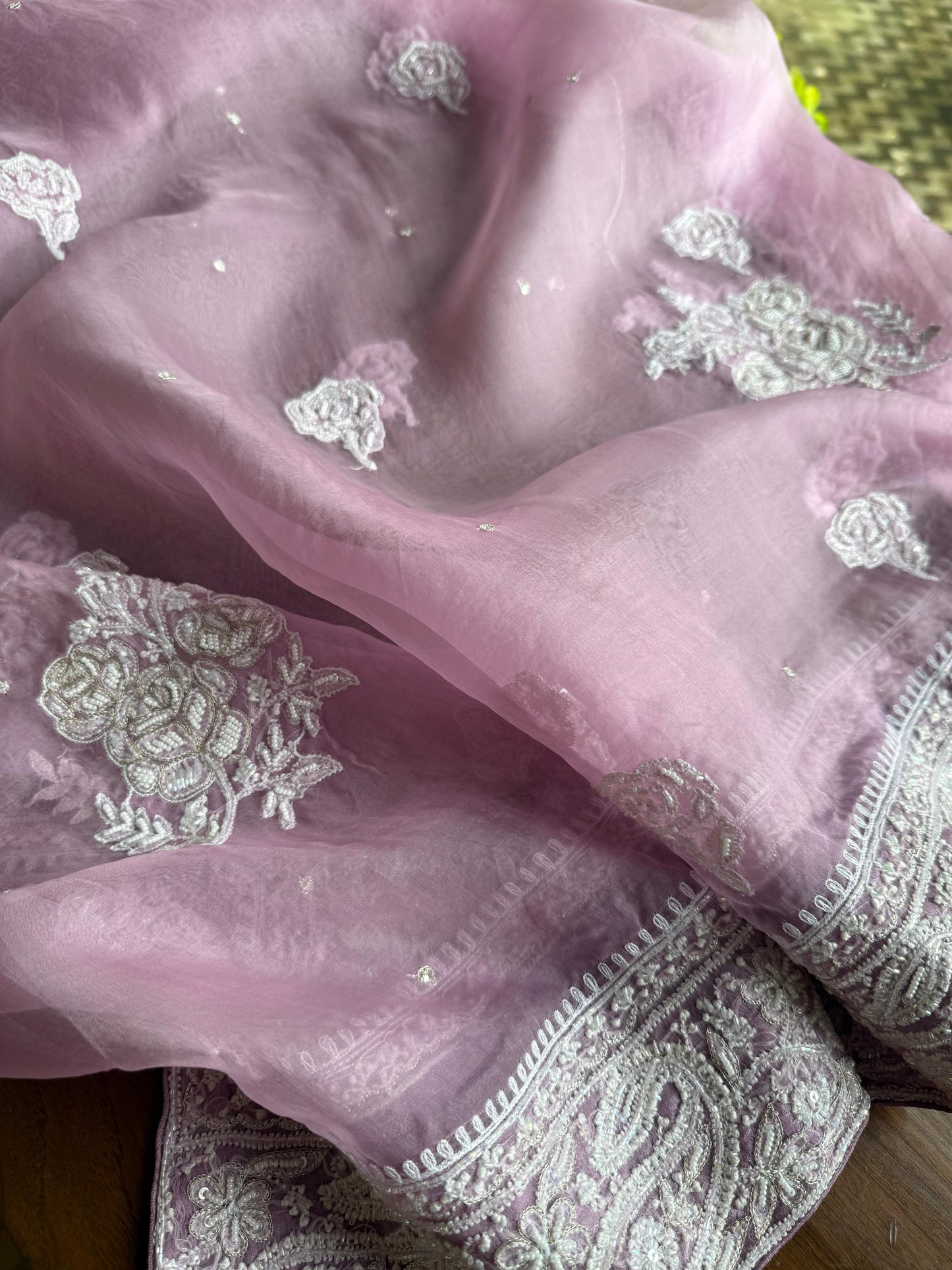 Lavender Pink Noor Organza Silk Chikankari Unstitched Kurta Dupatta Set
